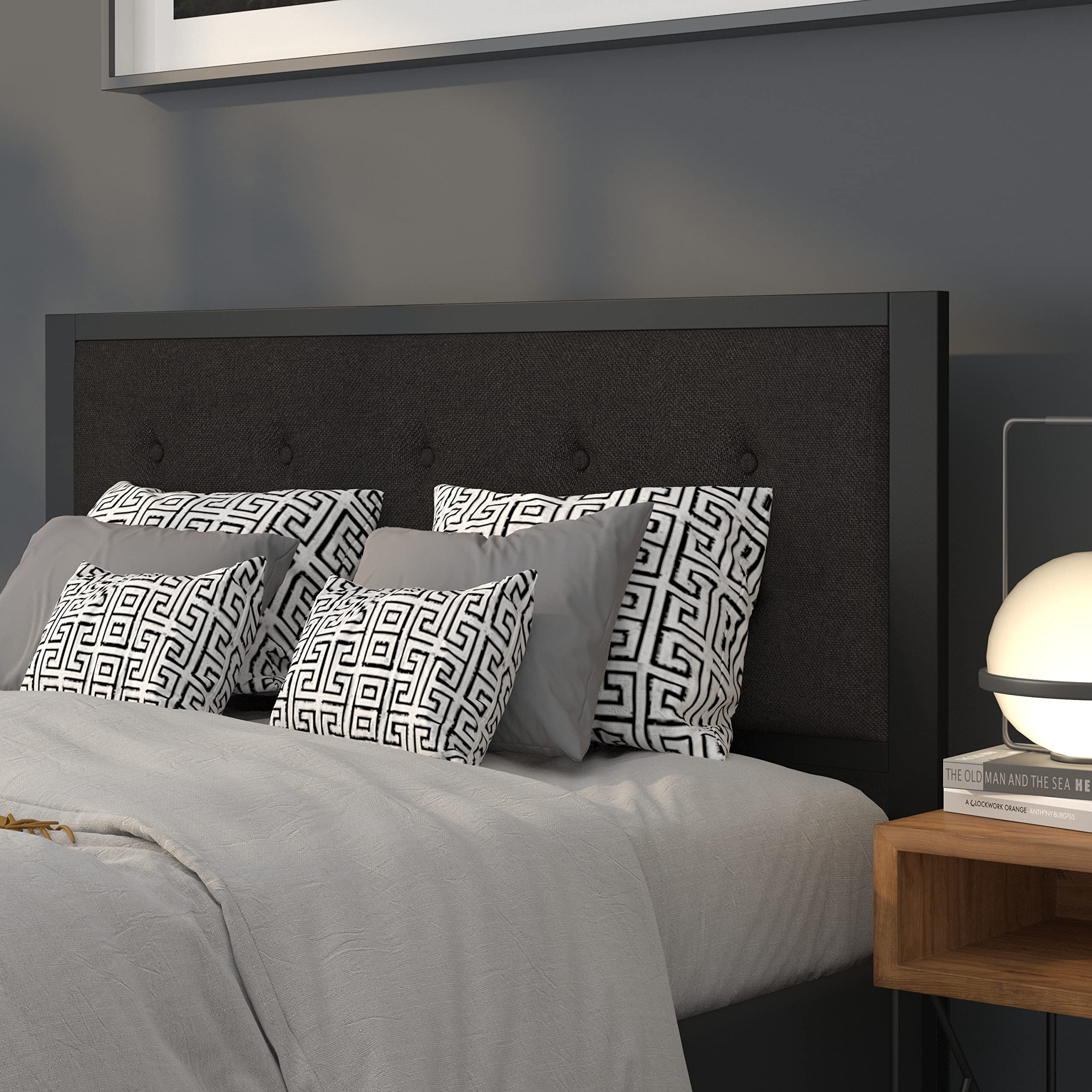 Flash Furniture Bristol Metal Tufted Upholstered Queen Size Headboard - Black Fabric for Bedroom, Guest Room & Master Suite Decor