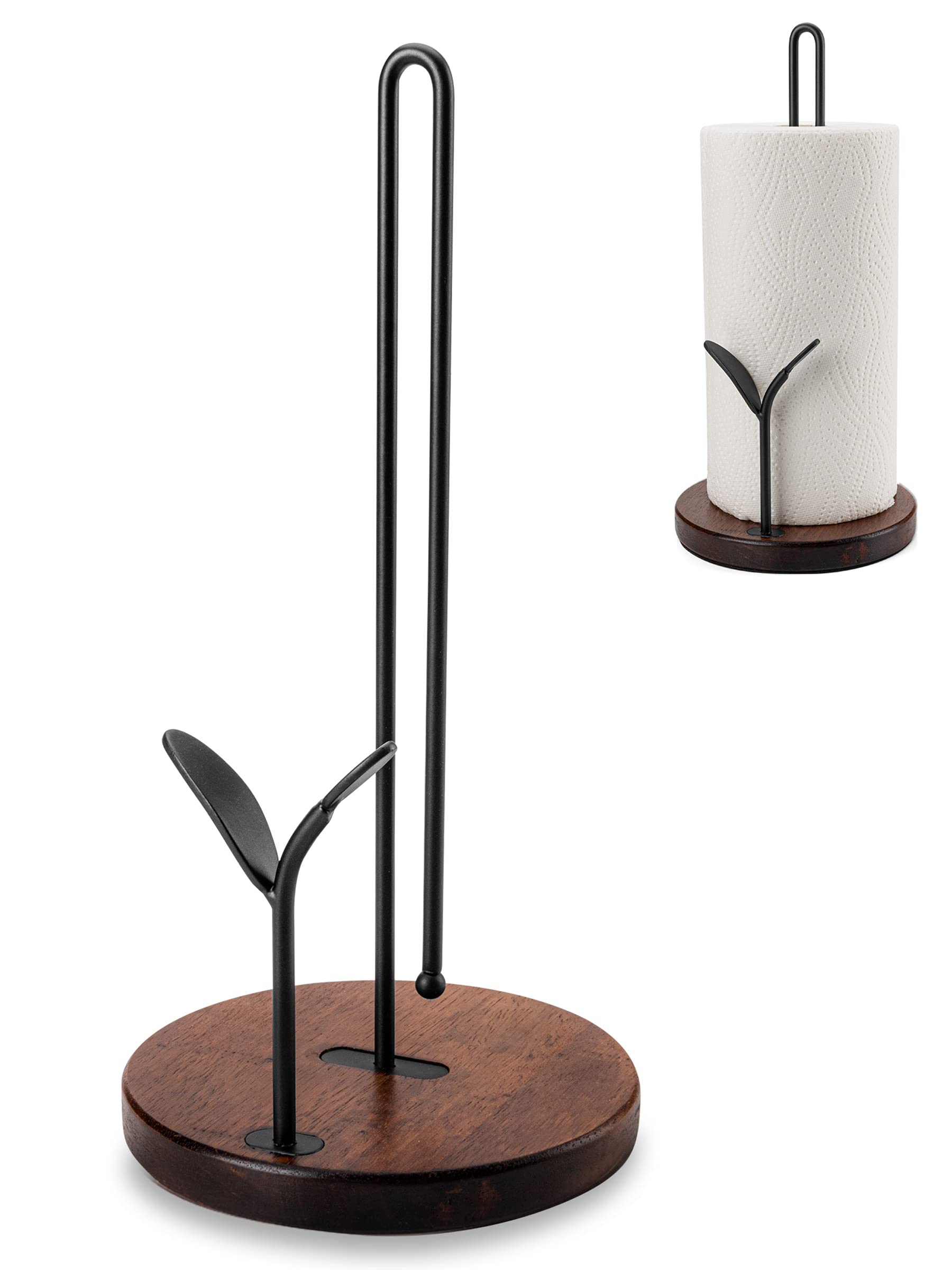 Rustic Wood Paper Towel Holder Stand for Kitchen Countertop & Dining Table - Easy One-Handed Tear, Home Decor, Fits 11