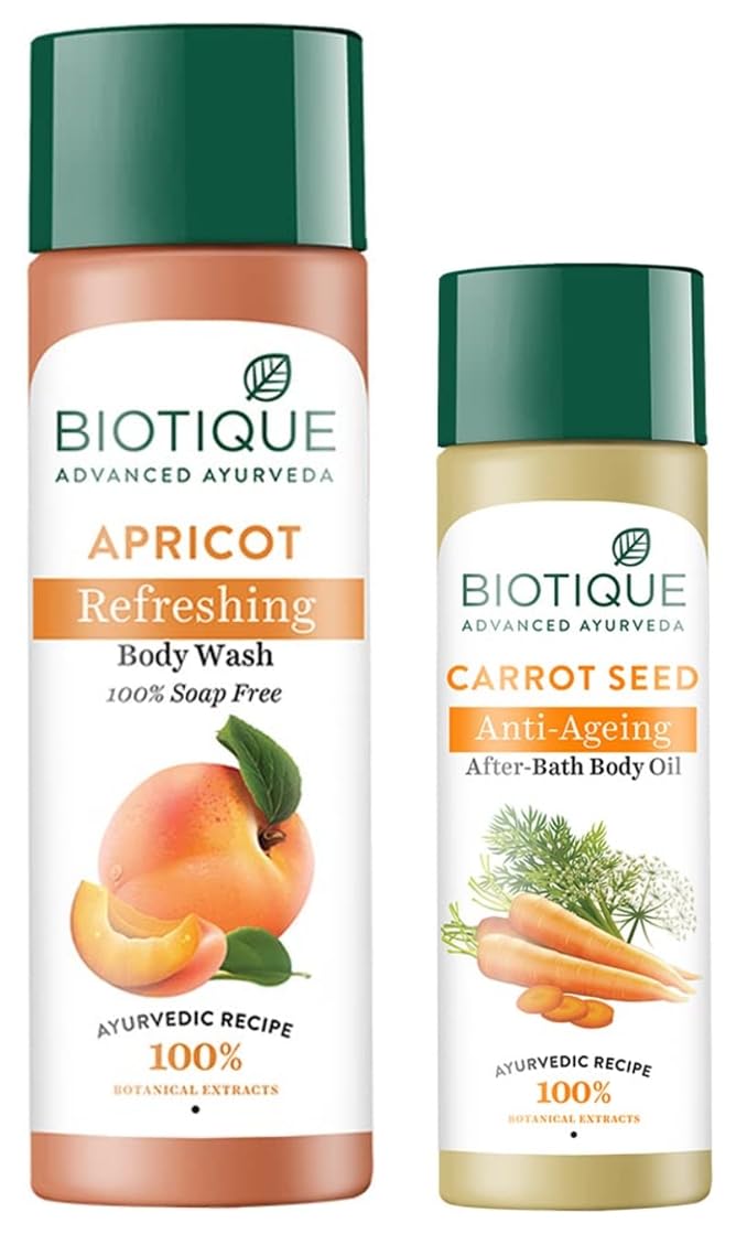 Biotique Bio Apricot Refreshing Body Wash 190ml & Bio Carrot Seed Anti-Aging After Bath Body Oil 120ml - Hydrating Skincare Set for Dry Skin, Perfect for Daily Shower & Post-Bath Moisturizing