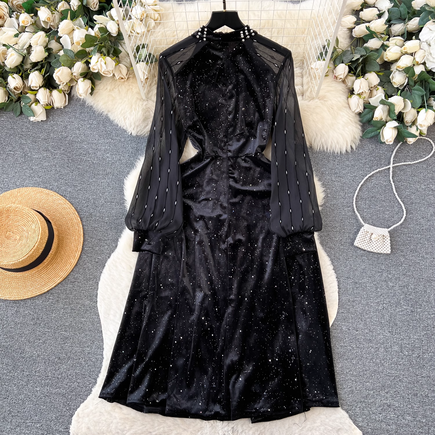 Elegant Black Velvet Beaded Dress with Sequins - Perfect for Evening Gala, Prom Night & Special Occasions