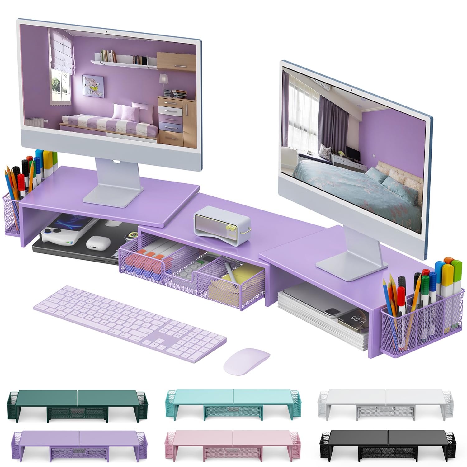 Gianotter Dual Monitor Stand Riser with Drawer & 2 Pen Holders - Purple Desk Organizer for Office & Home Workspace - Monitor Riser Shelf for Computer, Laptop Accessories & Office Decor