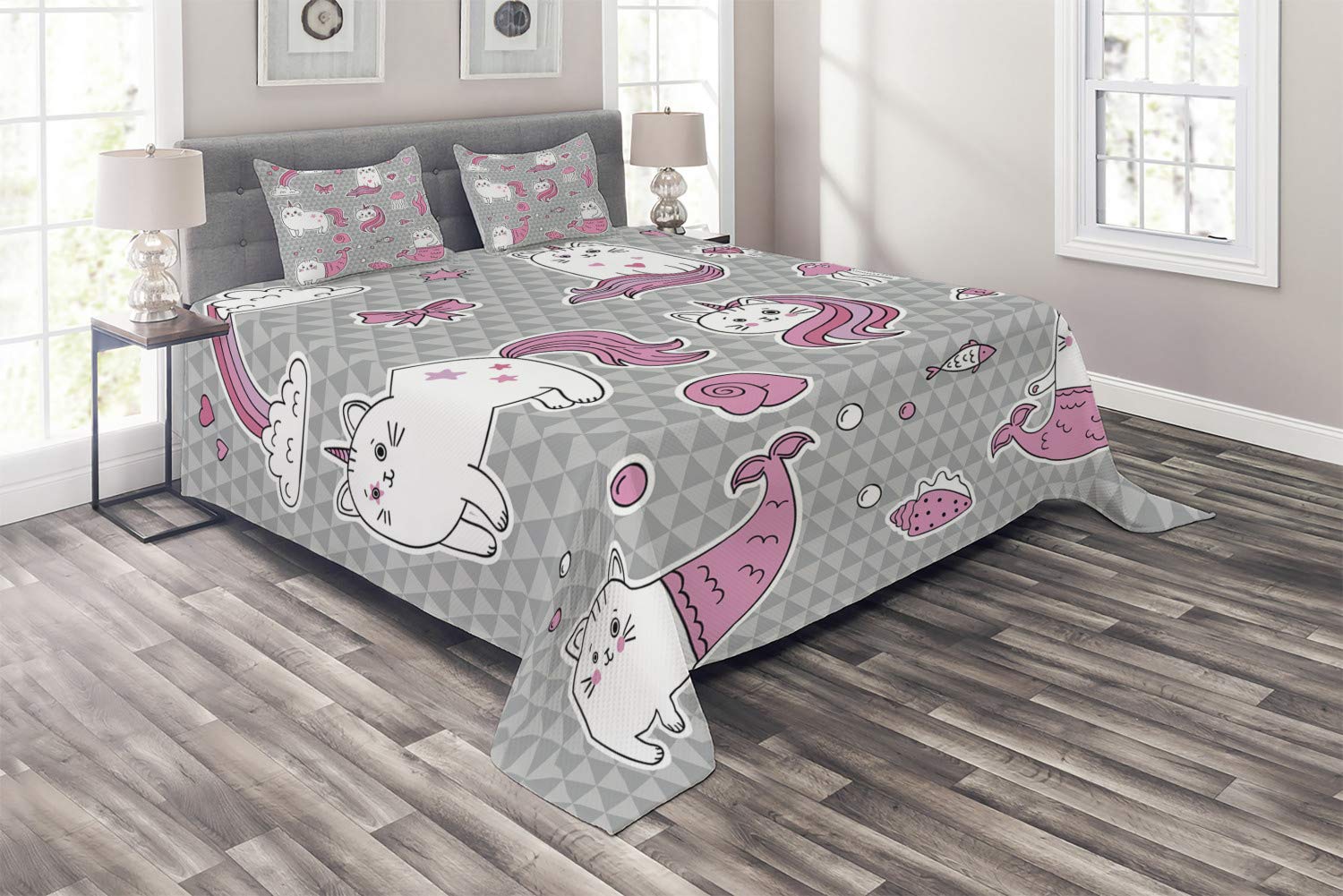Ambesonne Unicorn Cat 3-Piece Quilted Bedspread Set with 2 Pillow Shams - King Size Grey Pale Pink White - Underwater Fantasy Theme with Cats, Unicorns & Mermaids - Perfect for Kids' Bedrooms, Guest Rooms & Themed Decor