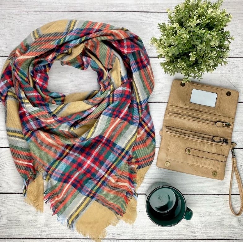 Classic Tan Fall Mix Blanket Scarf - Soft Warm Plaid Wrap Shawl for Women & Men - Perfect for Autumn, Winter, Travel, and Outdoor Activities