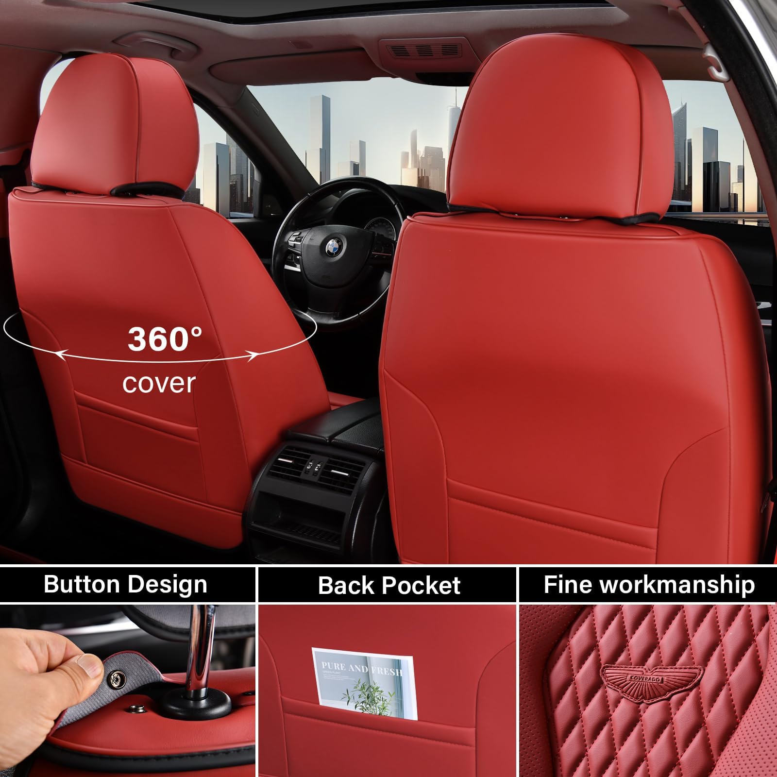 Coverado Universal Car Seat Covers Full Set - Waterproof Leather Seat Protectors for Front & Back Seats (Red) - Fits Most Vehicles | Perfect for Daily Commute, Road Trips & Pet Protection
