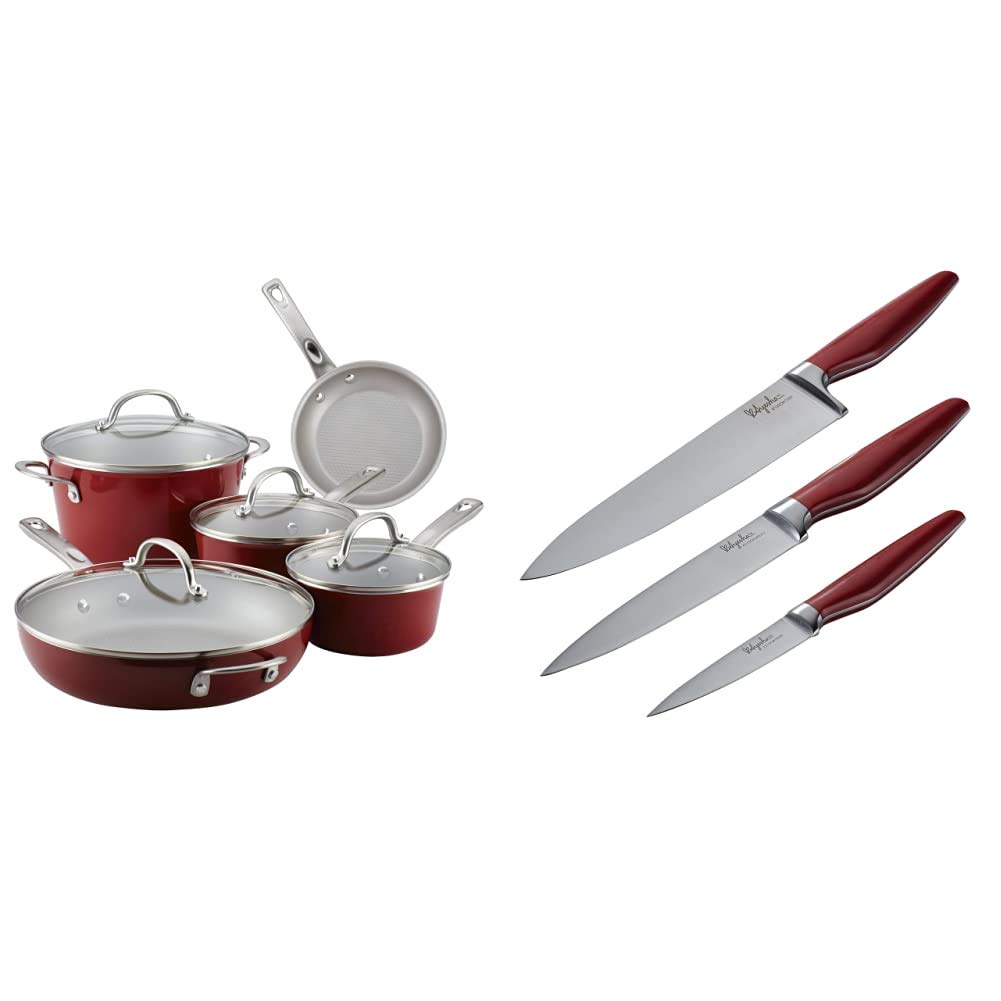 Ayesha Curry Nonstick Cookware Set & Japanese Stainless Steel Knife Set Bundle - 9-Piece Pots & Pans + 3-Piece Knives with Sheaths (Sienna Red) - Perfect for Home Cooking, Professional Chefs & Kitchen Enthusiasts