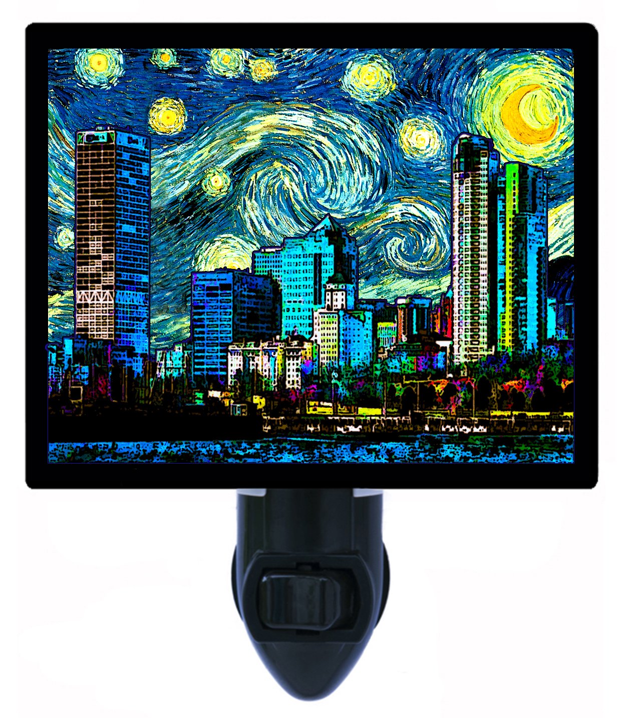Van Gogh Starry Night LED Night Light - Milwaukee Skyline & Destinations - Soothing Bedroom, Nursery, Kids Room Decor for Relaxing Sleep & Nighttime Ambience