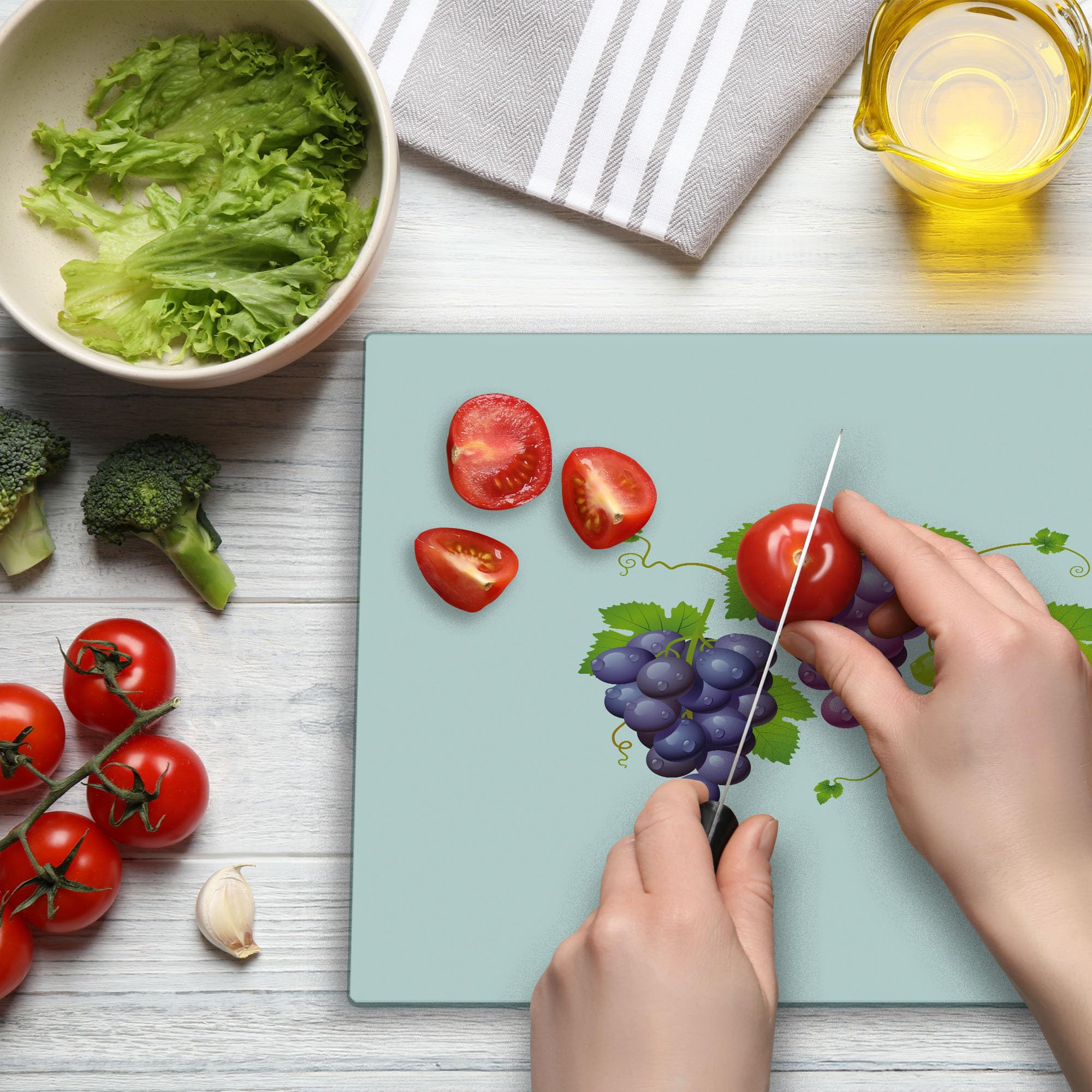 Ambesonne Vineyard Tempered Glass Cutting Board - Large Decorative Serving Board with Ivy Burgundy Region Artwork - Purple Green Kitchen Accessory for Wine Pairing & Charcuterie Displays