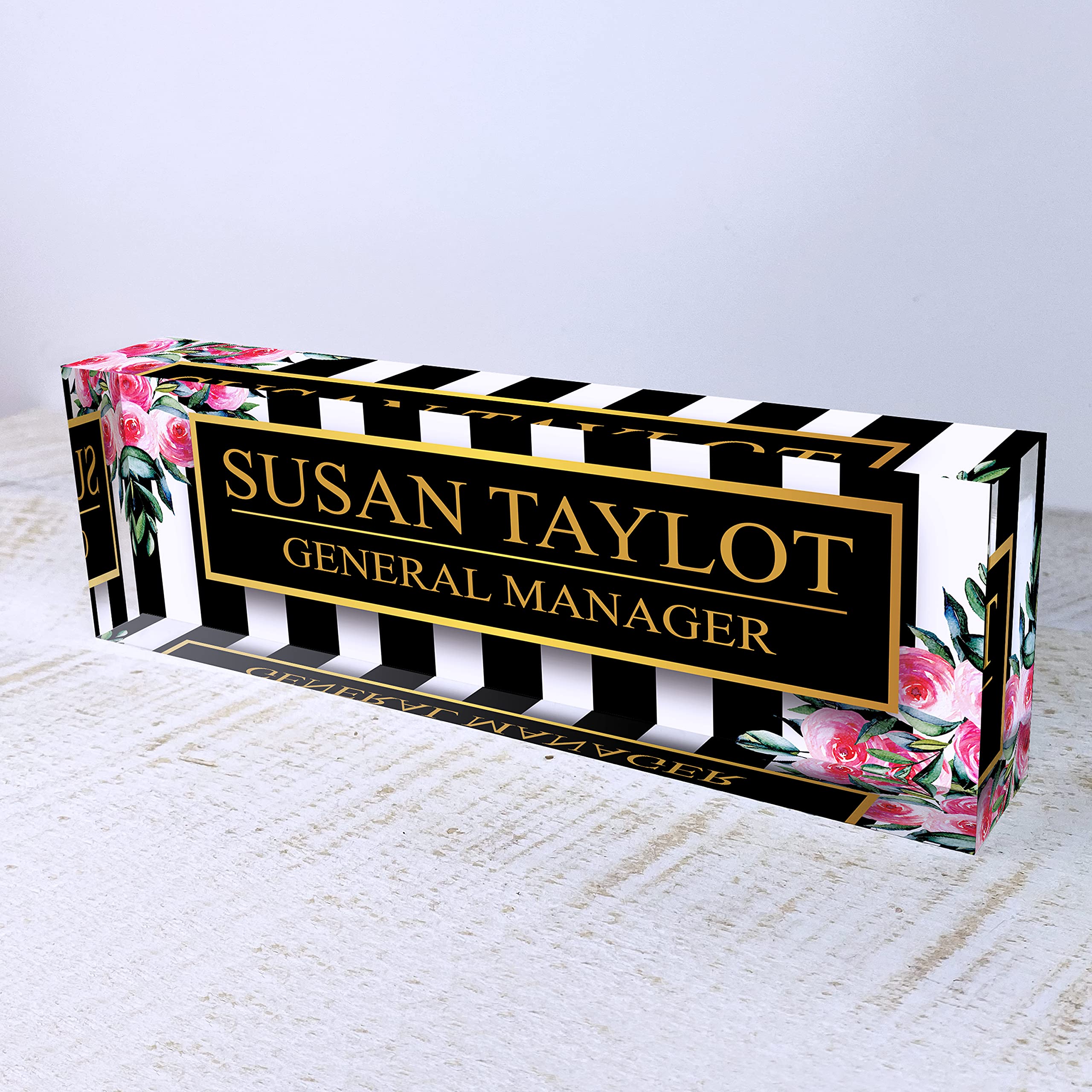 Personalized Artblox Office Desk Name Plate - Custom Acrylic Name Plates with Black Stripes & Roses Design (8
