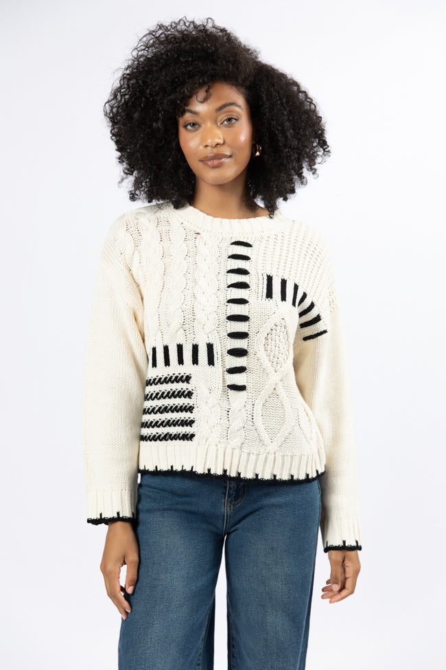 Ivory and Black Contrast Stitch Detail Sweater for Women - Cozy Knit Pullover with Unique Hand Stitching - Perfect for Fall Layering, Casual Outfits & Holiday Gatherings