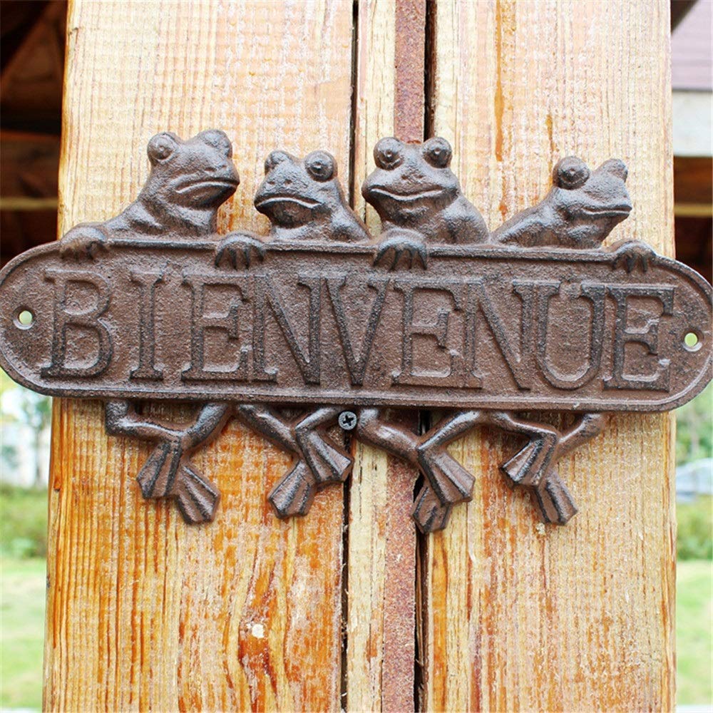 Cast Iron Welcome Sign with 4 Cute Frogs - Heavy Duty European Style Bienvenue Wall Plaque for Garden, Front Door, Porch, Bar & Kitchen Decor | Perfect for Outdoor Entryway, Patio Decorations and Farmhouse Style Home