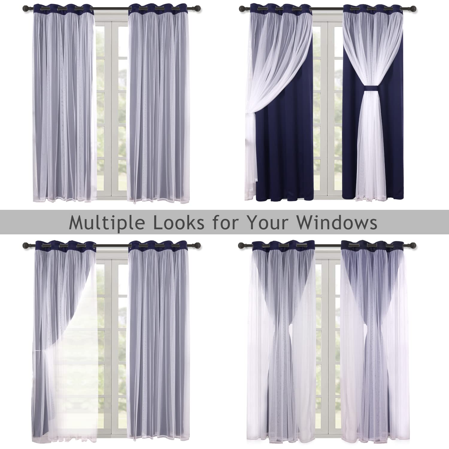 BONZER White Sheer Tulle Overlay Blackout Curtains with Grommet Top - 52x95 Inch Navy Living Room Curtains (Set of 2 Panels) for Bedroom, Nursery & Home Theater Light Control
