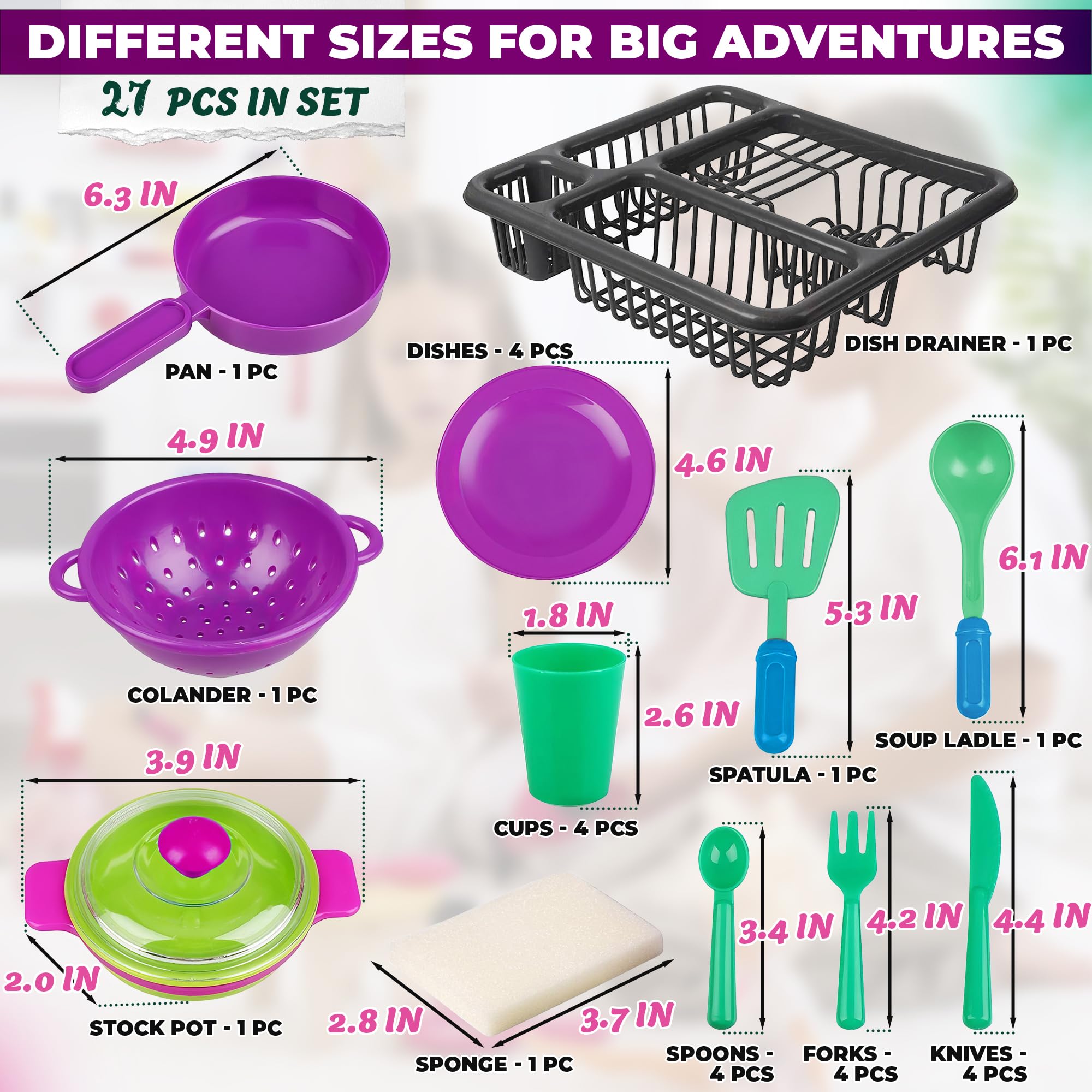**27Pcs Kids Play Kitchen Dishes Set - Pretend Play Plates, Bowls & Utensils for Toddlers - Durable Plastic Toy Dishes for Indoor/Outdoor Play Kitchen Accessories**    *(Use for pretend cooking, tea parties, outdoor picnics & role-playing games!)*