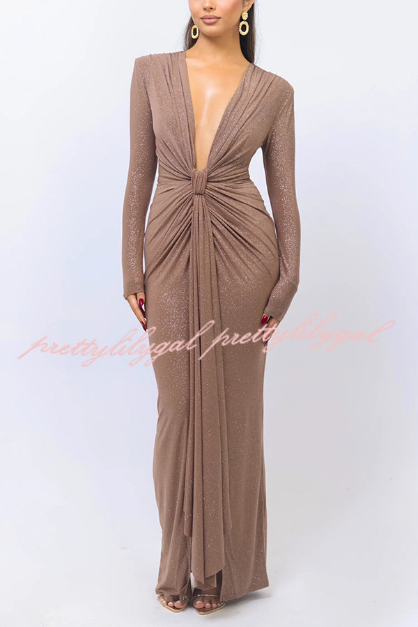 Elegant Solid Color Shiny V-Neck Long Sleeve Ribbon Slit Slim Fit Maxi Dress for Women - Perfect for Evening Parties, Date Nights & Special Occasions