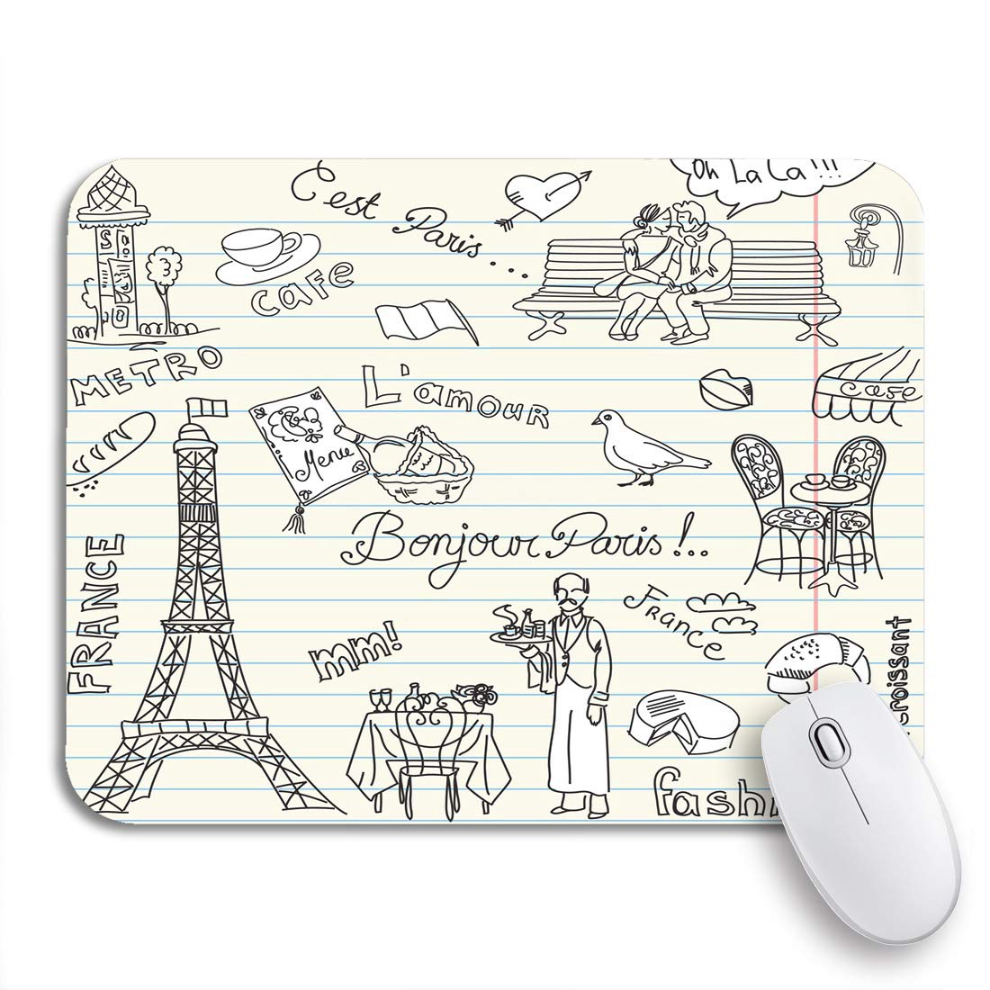 Adowyee Gaming Mouse Pad - Red Eiffel Tower Paris Doodles with French Cuisine & Flag Design (9.5