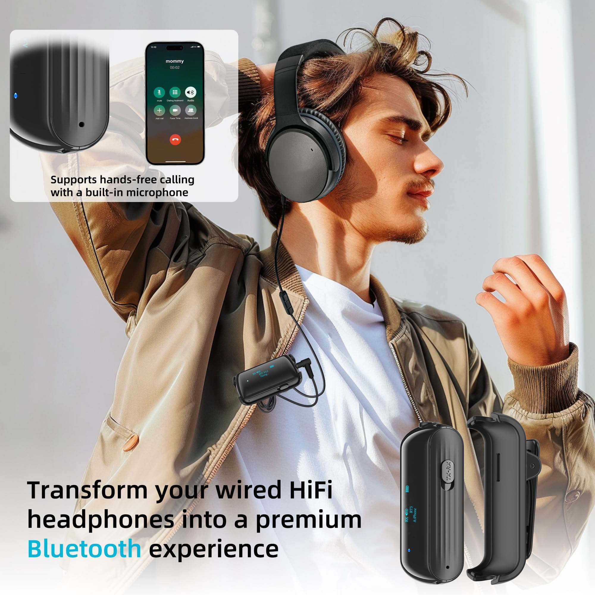 Wireless Bluetooth 5.2 Transmitter & Receiver for AirPods & Headphones - Dual Audio for 2 Devices - 3.5mm Audio Adapter for Airplane, TV, Gym, Car & Home Stereo with Built-in Mic | Perfect for Travel, Workouts & Home Entertainment