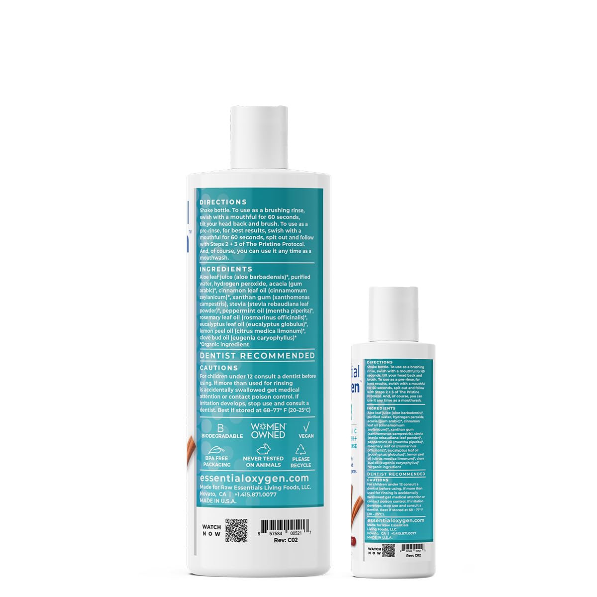Essential Oxygen BR Certified Organic Brushing Rinse - Natural Alcohol-Free Mouthwash for Whiter Teeth & Fresh Breath | Cinnamint Flavor | 2-Pack (16 Oz Each) | Ideal for Daily Oral Care & Gum Health