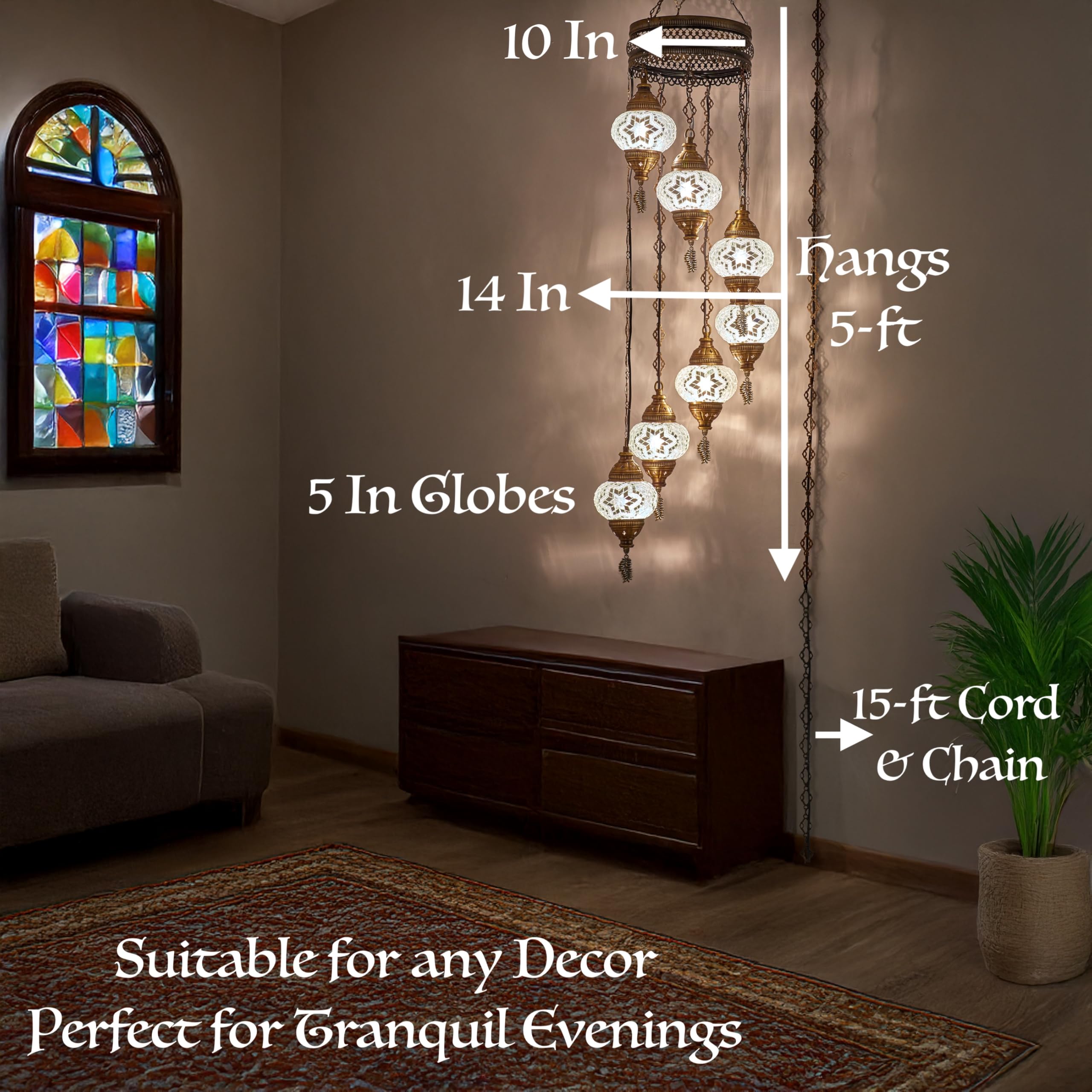 DEMMEX 7 Globes Moroccan Bohemian Tiffany Style Plug-in Ceiling Pendant Light Chandelier with 15ft Cord Chain - White & Clear Glass Mosaic for Living Room, Bedroom, Dining Room Decoration