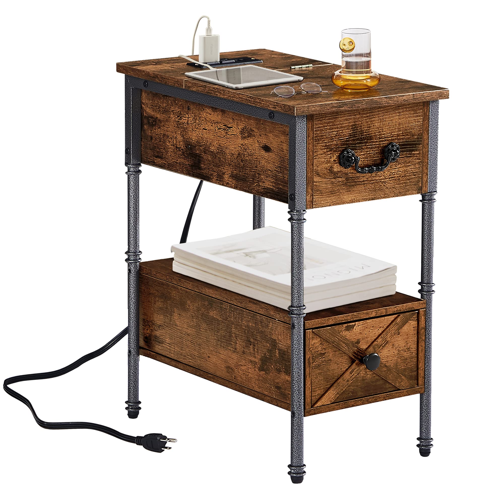 VECELO Narrow End Table with Charging Station - Flip Top Nightstand with USB Ports & Power Outlets, Storage Shelf & Drawer - Rustic Brown Side Table for Living Room, Bedroom, Office - Perfect for Small Spaces & Device Charging