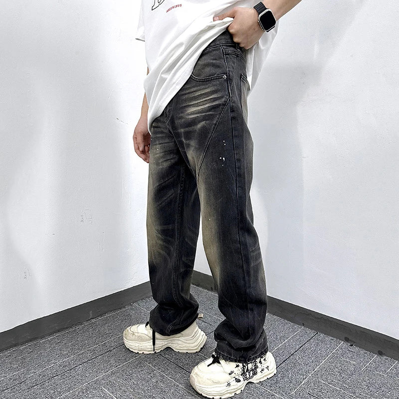 Trendy American Style Men's Jeans - Splashed Ink Design Straight Leg Streetwear | Loose Fit Denim Pants for Casual Outfits & Urban Fashion | Perfect for Everyday Wear, Parties, and Street Style Looks