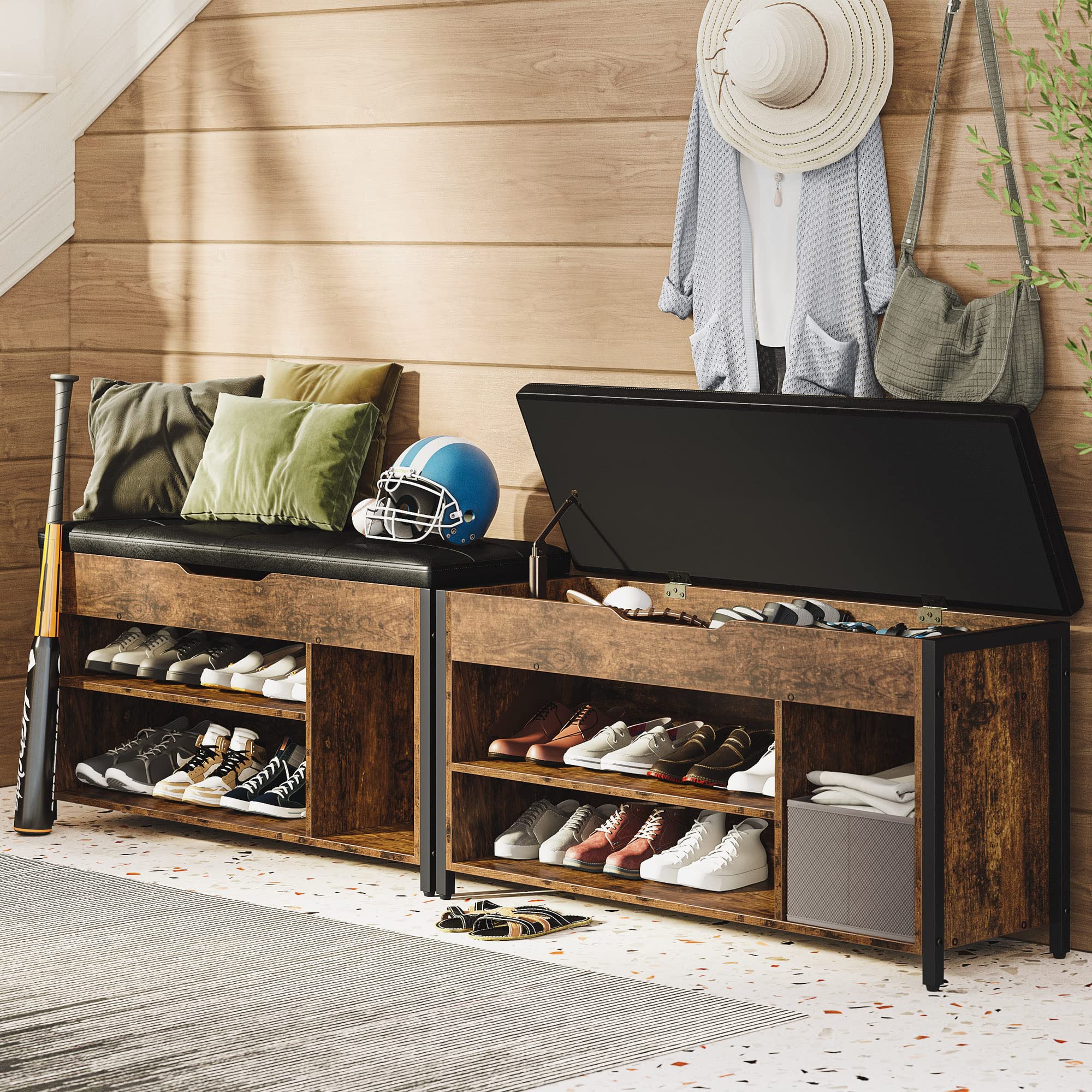 Multi-Functional Shoe Storage Bench with Lift Top & Adjustable Shelf - 35.5
