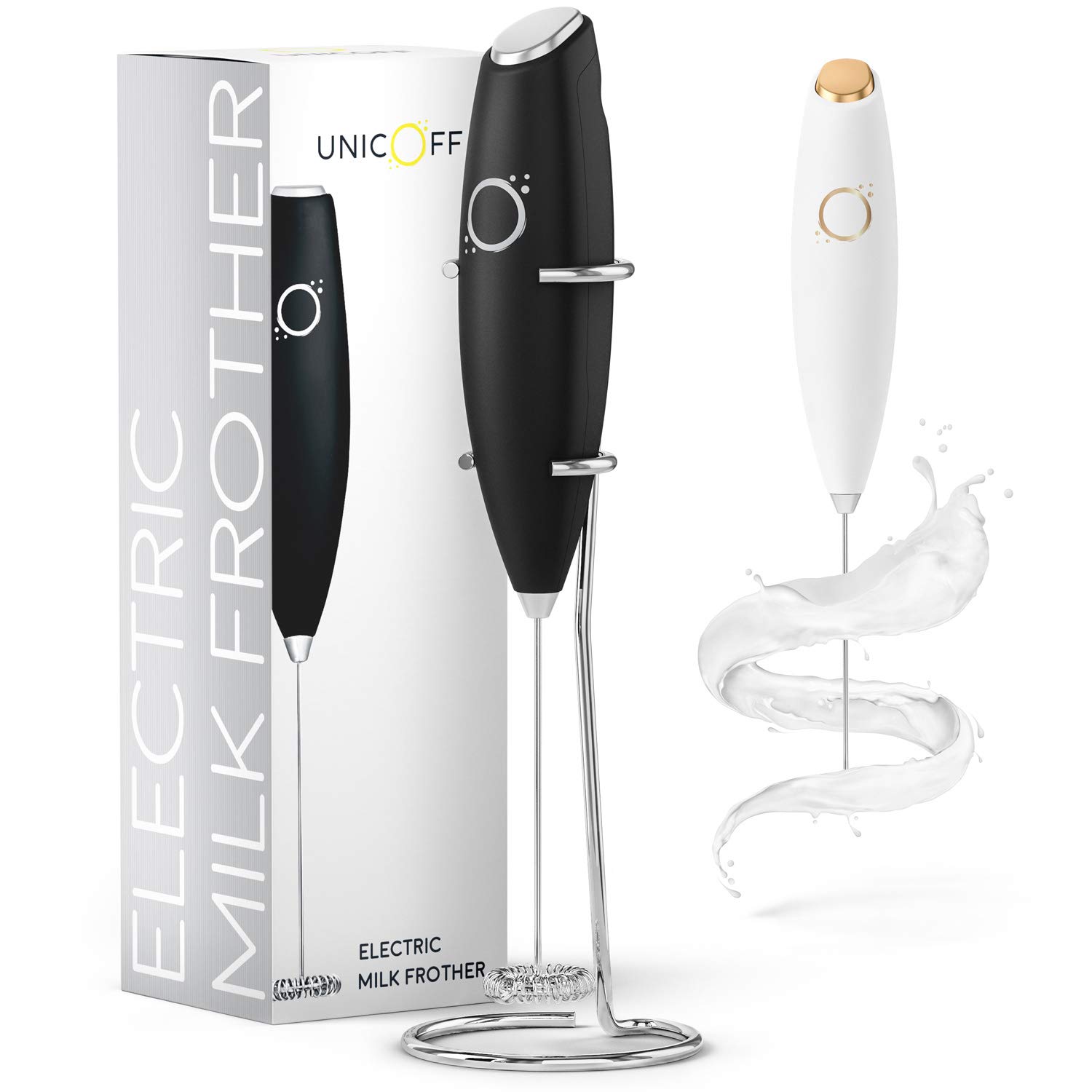Premium Handheld Milk Frother for Coffee & Matcha - Electric Drink Mixer with Stainless Steel Whisk - Ergonomic Design with Stand & Recipe Book - Perfect for Lattes, Cappuccinos & Hot Chocolate at Home - by Unicoff (Black)
