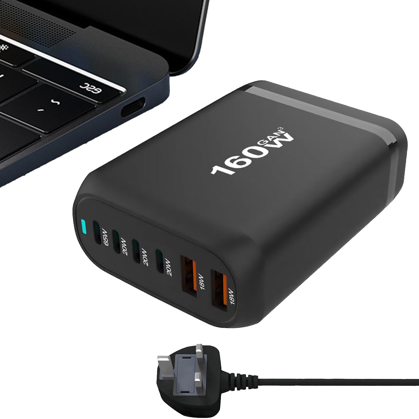 160W 6-Port USB Fast Charger with 4C2A Ports | Universal 110-240V Desktop Charging Station for Multiple Devices | Perfect for Home Office, Dorm Room & Travel | Charge Laptops, Tablets, Phones, Headphones & More