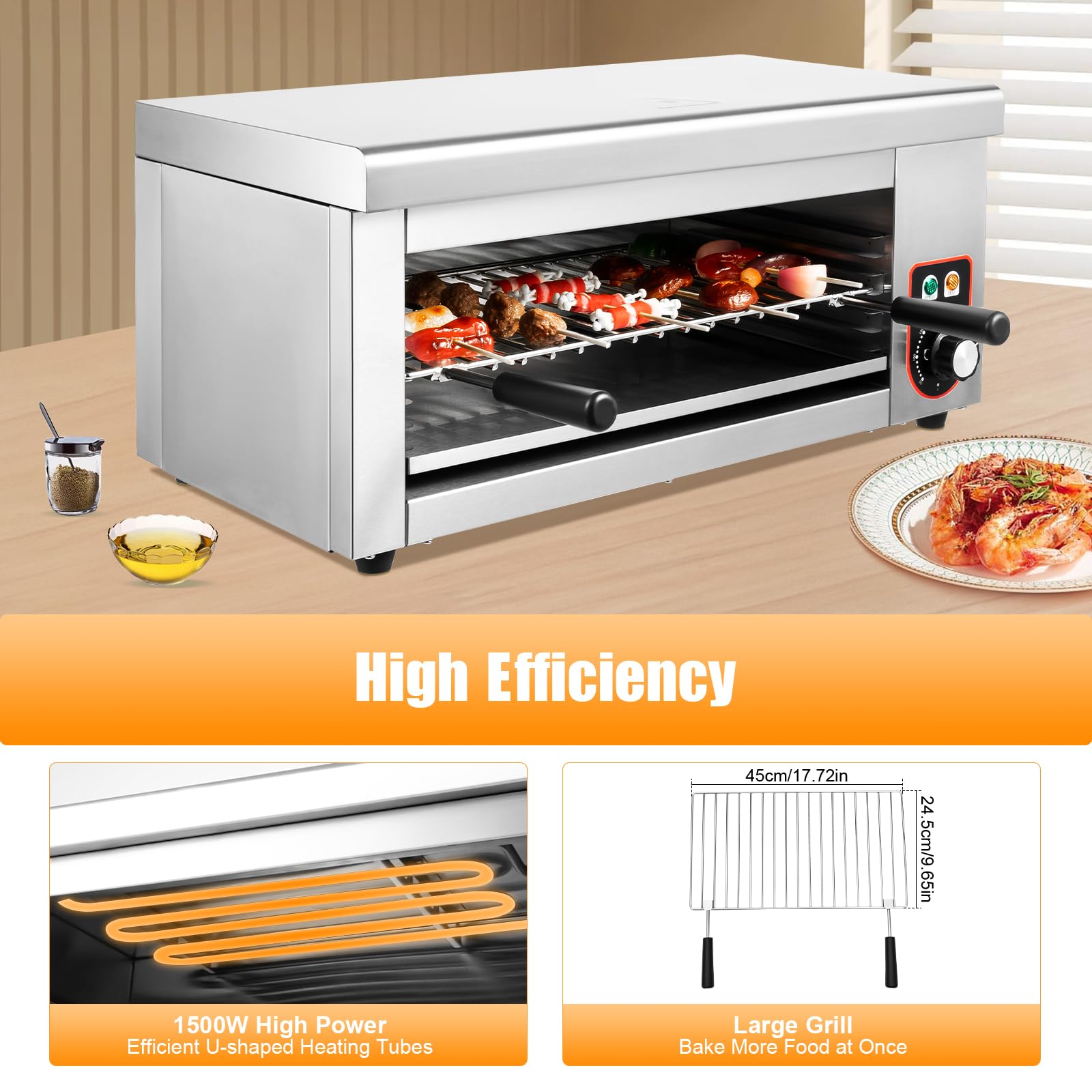 1500W Commercial Electric Cheese Melter & Salamander Broiler - Stainless Steel Steak Warmer with Adjustable Temperature (120-570°F) - Perfect for Restaurants, Pubs & Home Kitchens - Melts Cheese, Cooks Steaks & Roasts Chicken/Veggies - 110V US Plug