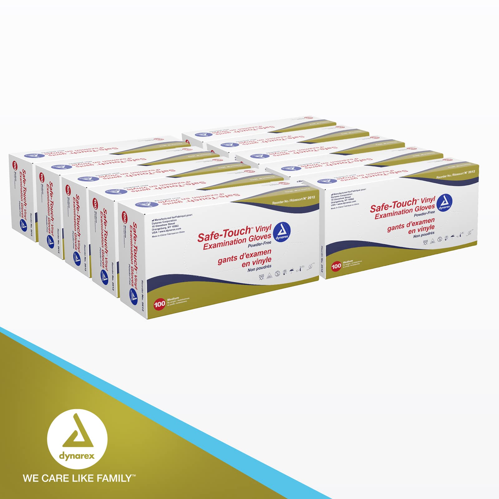 Dynarex Safe-Touch Powder-Free Vinyl Disposable Exam Gloves - Medium Size, Ambidextrous, Clear (Case of 10 Boxes, 100 Gloves Each) | Food Safe, Medical & Laboratory Use, Food Handling, Tattoo & Nail Salon, Cleaning & Household Protection
