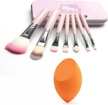 MASTADI Professional Hello Kitty Pink 7-Piece Makeup Brush Set with Storage Box & Beauty Blender - Perfect for Girls and Women | Ideal for Makeup Application, Travel & Gift Giving