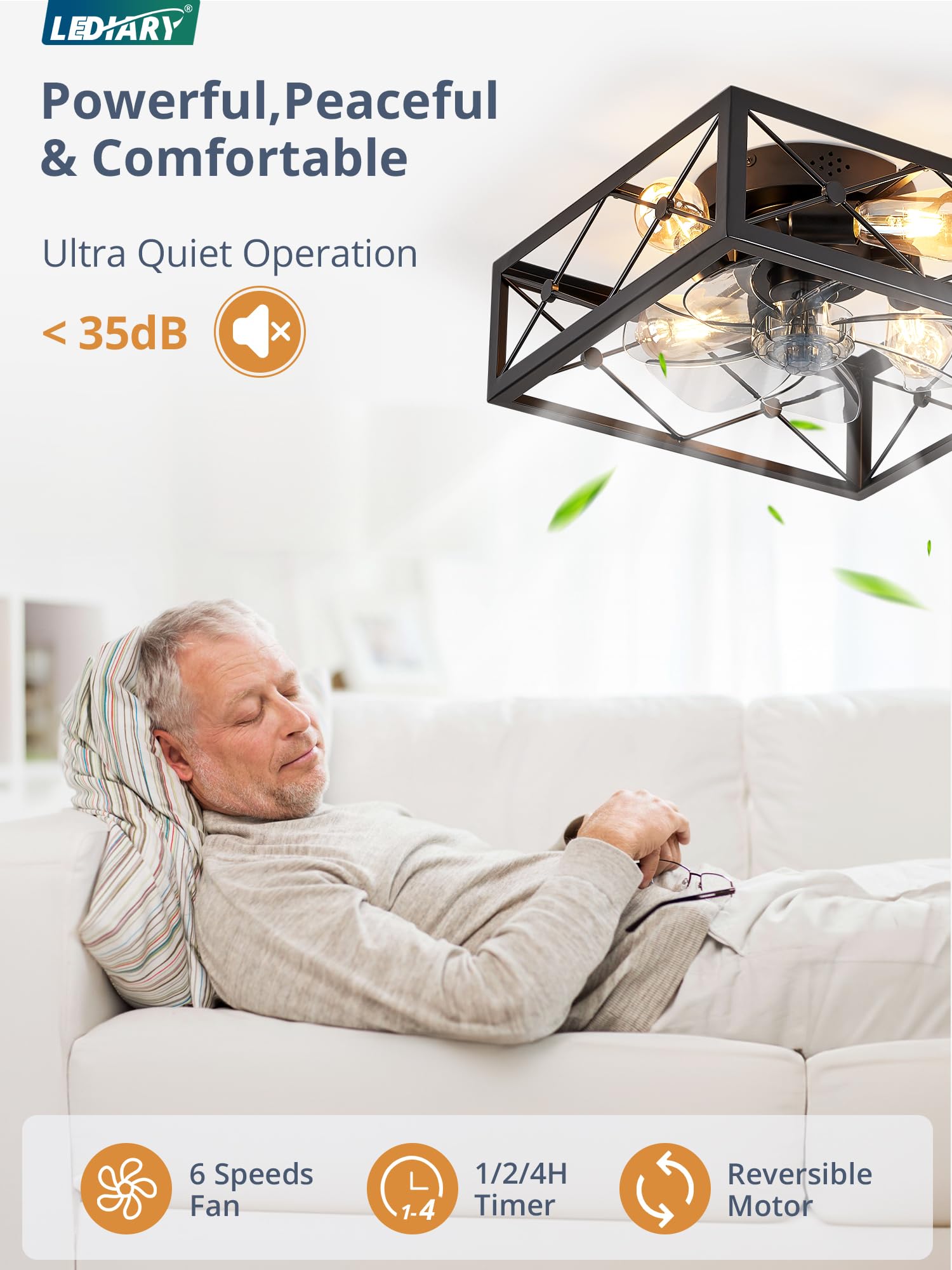 LEDIARY Black Square Caged Flush Mount Ceiling Fan with Lights and Remote - Low Profile Bladeless Design for Bedroom, Kitchen, Indoor Use - Perfect for Farmhouse, Modern and Small Spaces