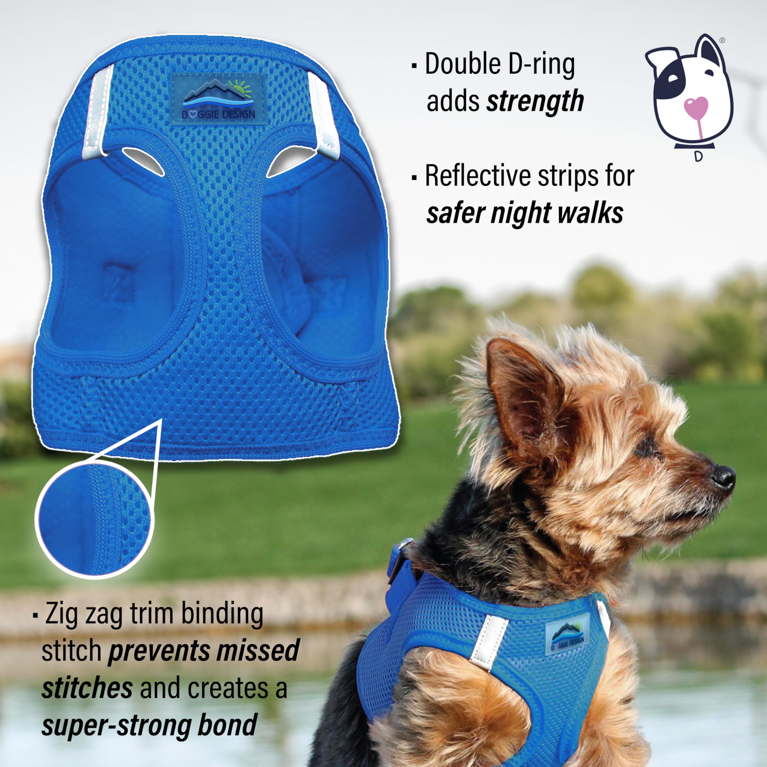 Doggie Design No-Choke Dog Harness - Breathable Mesh Polyester Pet Vest, Easy Step-in Design for Small Dogs - Cobalt Blue XXS | Perfect for Walking, Training & Outdoor Adventures