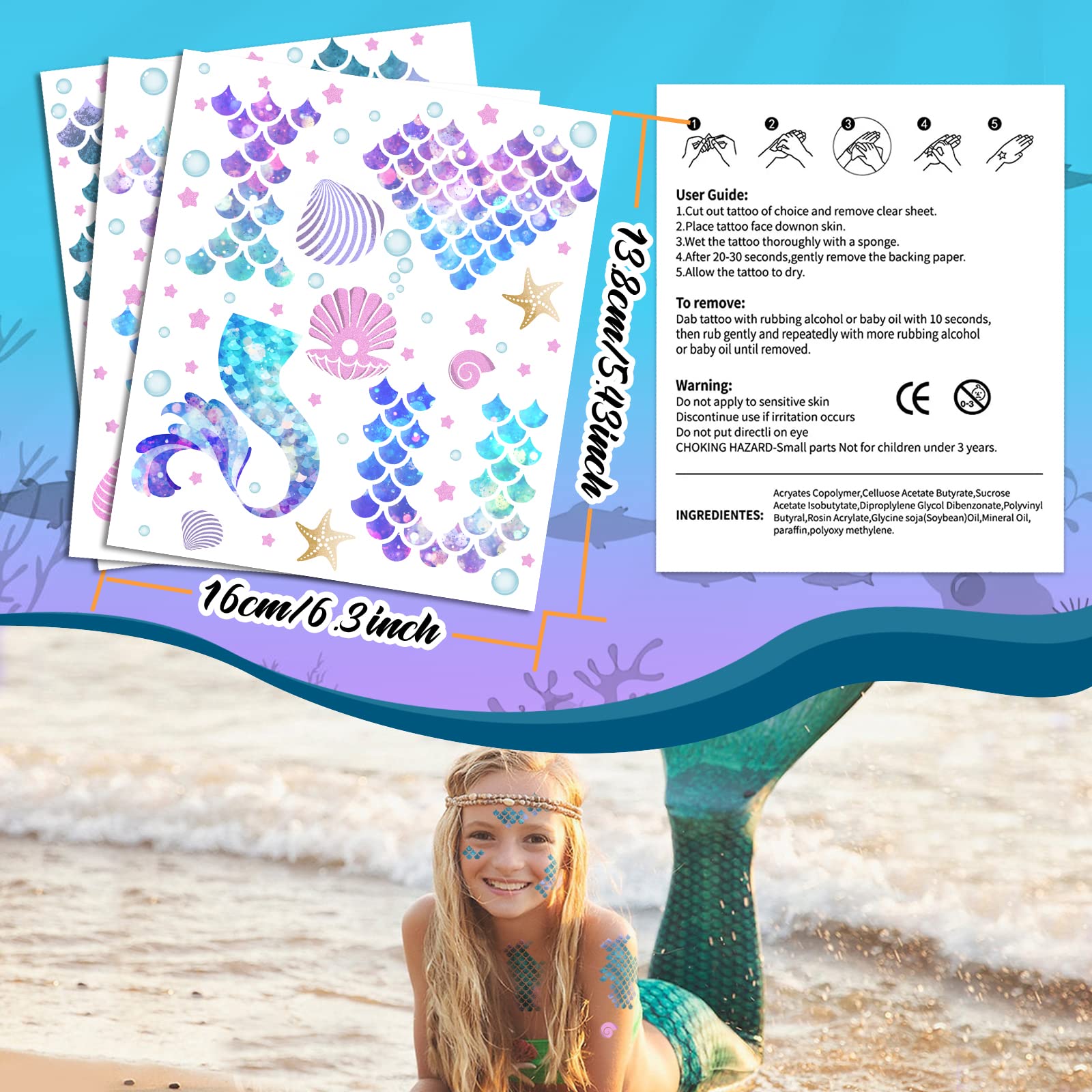 Mermaid Scale Temporary Tattoos - 12 Sheets Waterproof Fake Tattoo Stickers for Kids & Adults | Mermaid Party Decorations, Costume Accessories, Festival Body Art