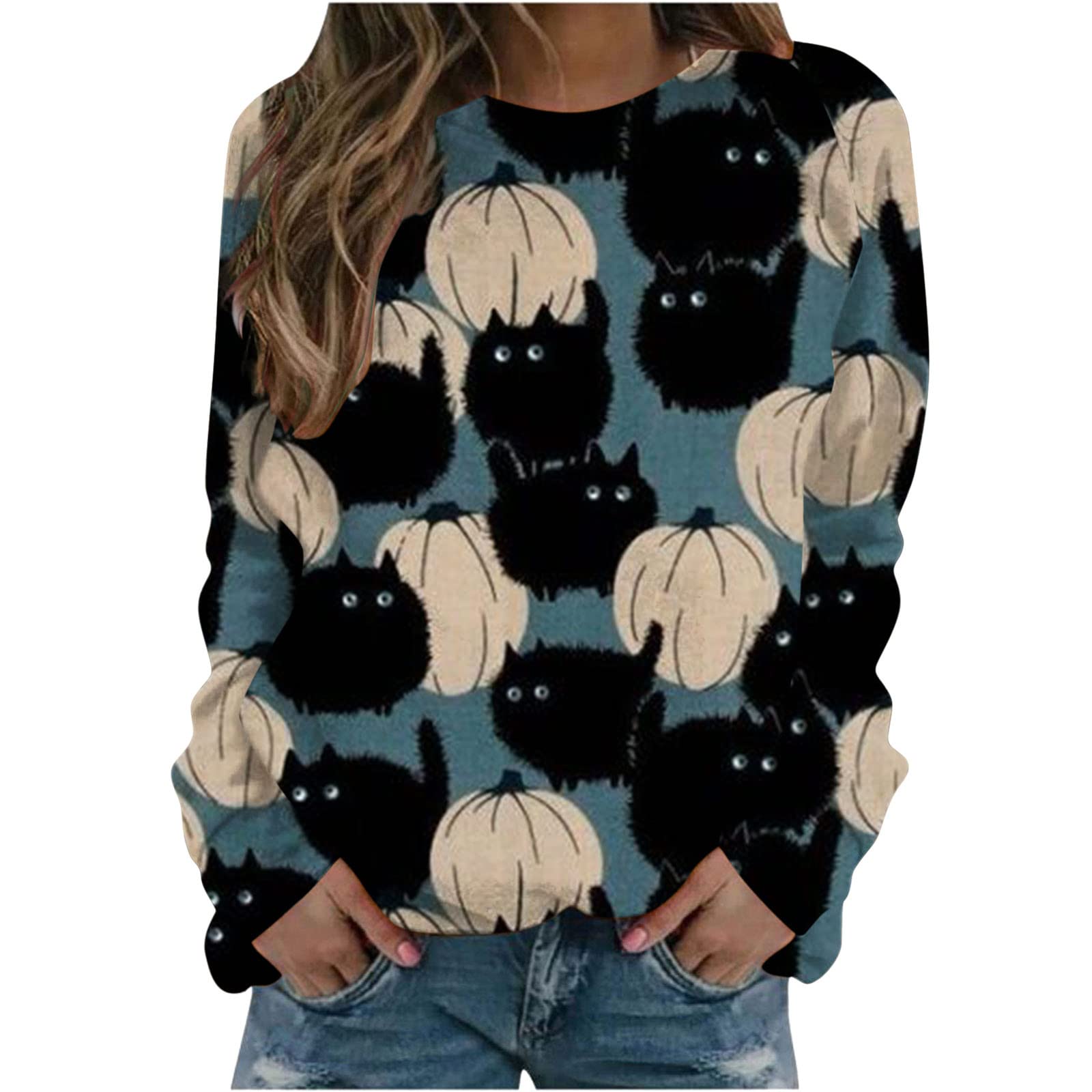 BmkBWO Women's Long Sleeve Pumpkin Print Blouse - Loose Fit Crewneck Casual Pullover Top for Fall Fashion | Perfect for Office, Date Night & Autumn Outings