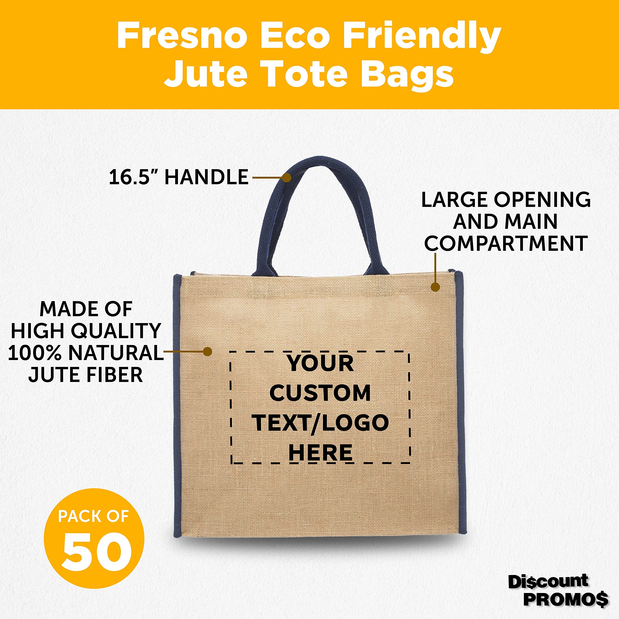 Custom Fresno Eco-Friendly Jute Tote Bags - Bulk Pack of 50 Personalized Reusable Shopping Bags | Perfect for Trade Shows, Grocery Shopping, Outdoor Events & Corporate Gifts - Blue