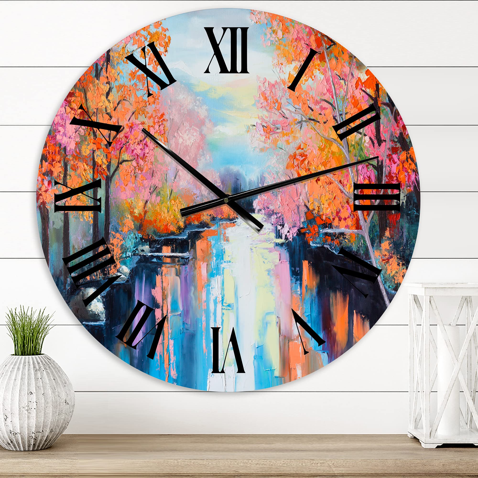 DesignQ Lake House Wall Clock - Orange Autumn Forest by The River Landscape Nature Wall Art - Large Rustic Clock for Living Room, Bedroom & Office Decor - Perfect for Farmhouse, Cabin & Lakeside Home Décor