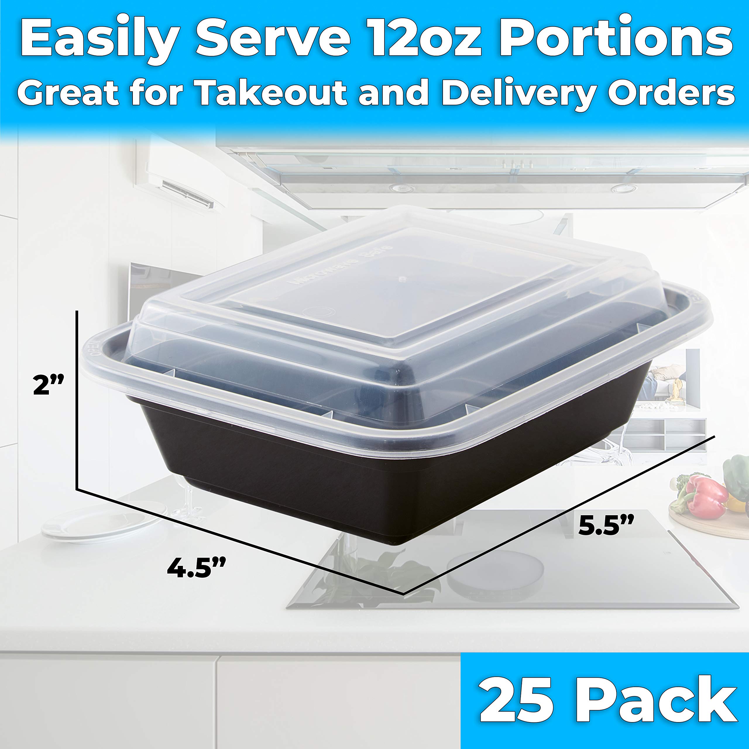 Premium 12 oz BPA-Free Plastic Food Storage Containers with Lids - 25-Pack Commercial Grade Durable, Leakproof & Microwavable - Perfect for Meal Prep, Restaurant To-Go Orders, Leftovers & Home Kitchen Organization