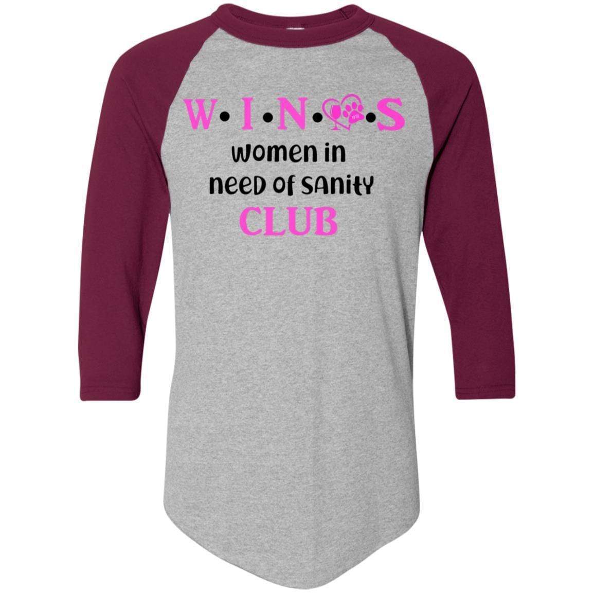 WineyBitches.Co WINOS Club Colorblock Raglan Jersey - Pink Lettering Women's Baseball Tee | Soft Cotton Blend Long Sleeve Shirt for Wine Lovers | Perfect for Wine Tasting Parties & Girls Night Out