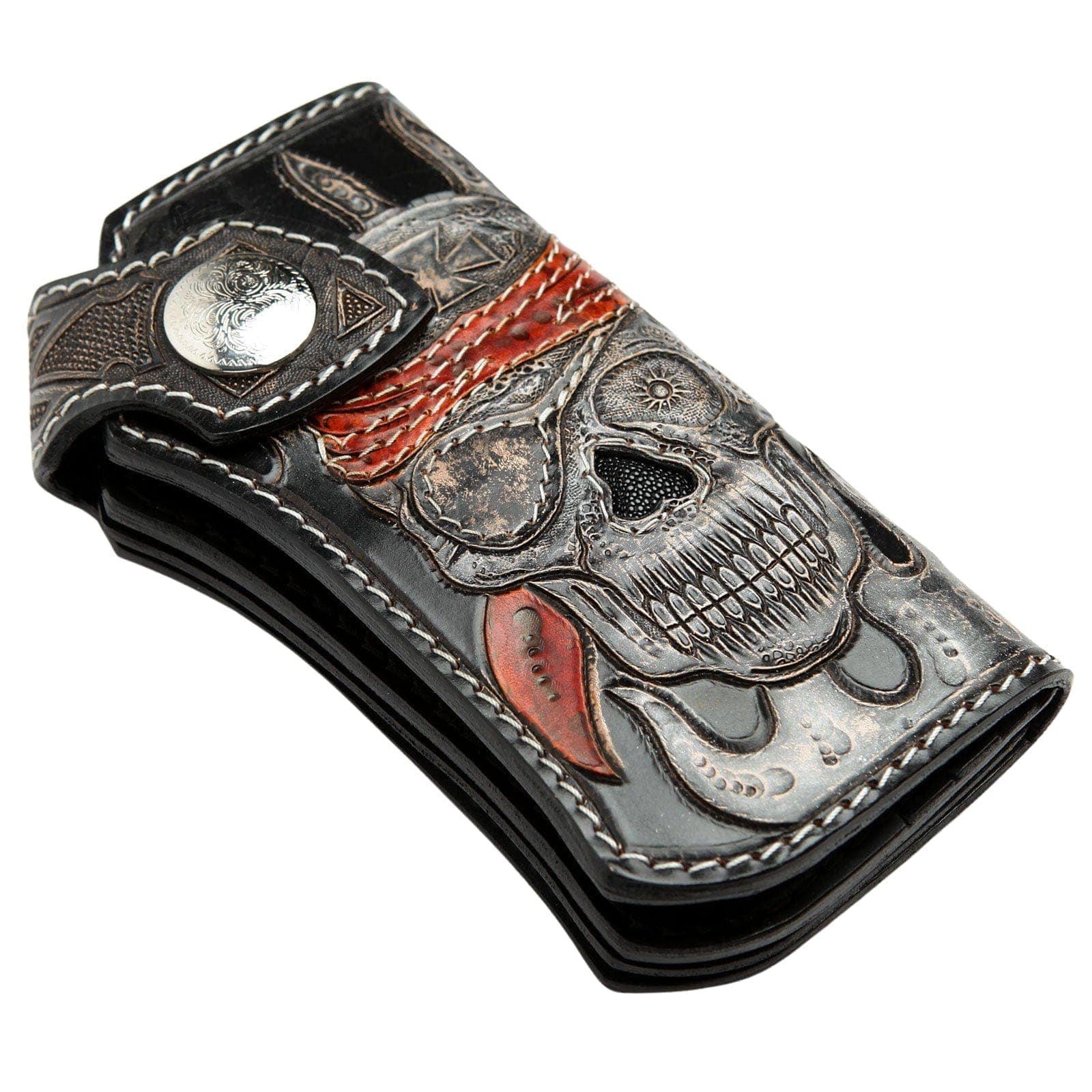 Genuine Leather Pirate Skull Biker Wallet with Chain - Stylish & Durable for Motorcycle Riders, Bikers, and Fashion Enthusiasts