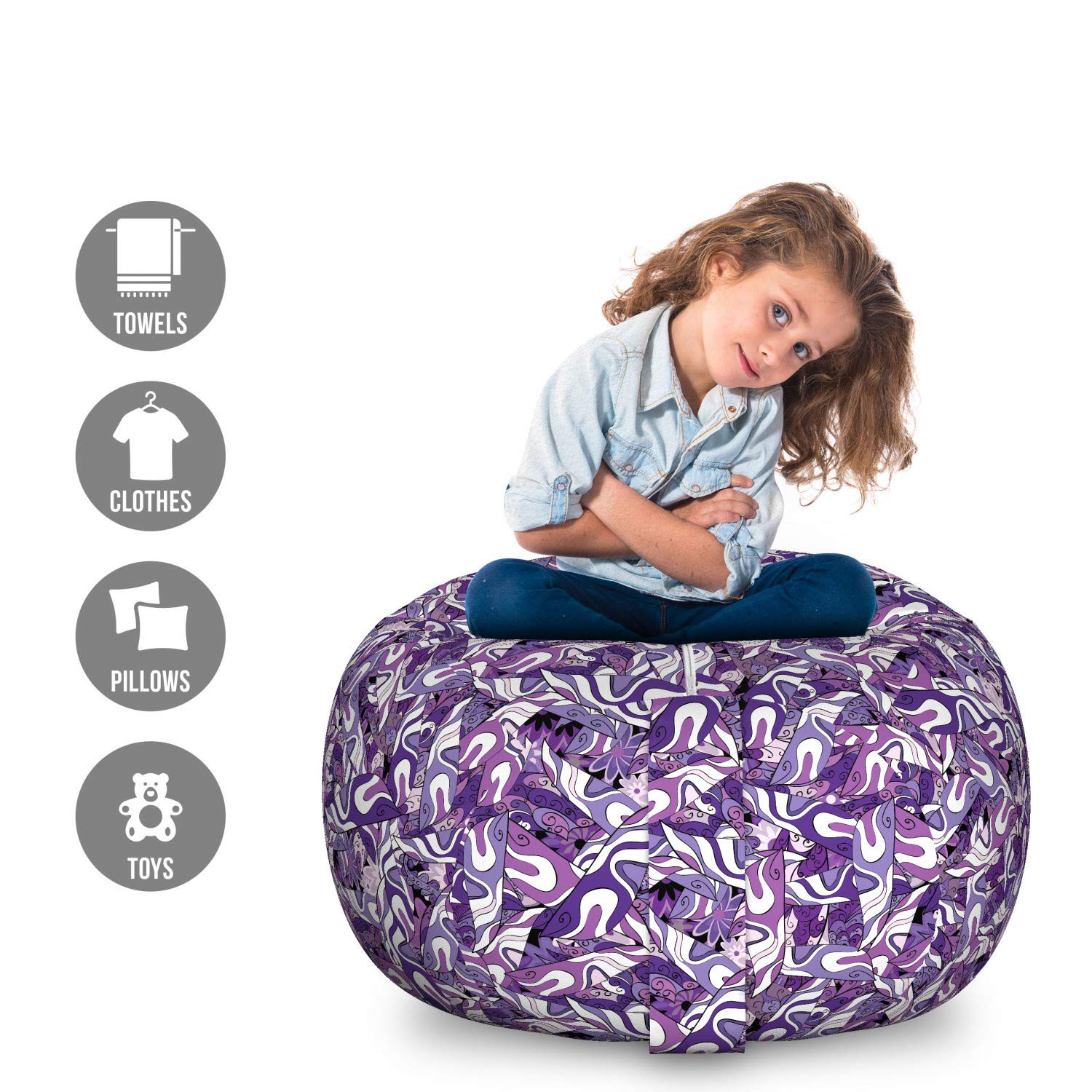 Ambesonne Large Dark Purple Storage Toy Bag Chair - Vintage Lilac Strokes & Swirls Design, Washable Stuffed Animal Organizer (Fuchsia Blue Violet) - Perfect for Kids' Room, Playroom & Nursery Organization