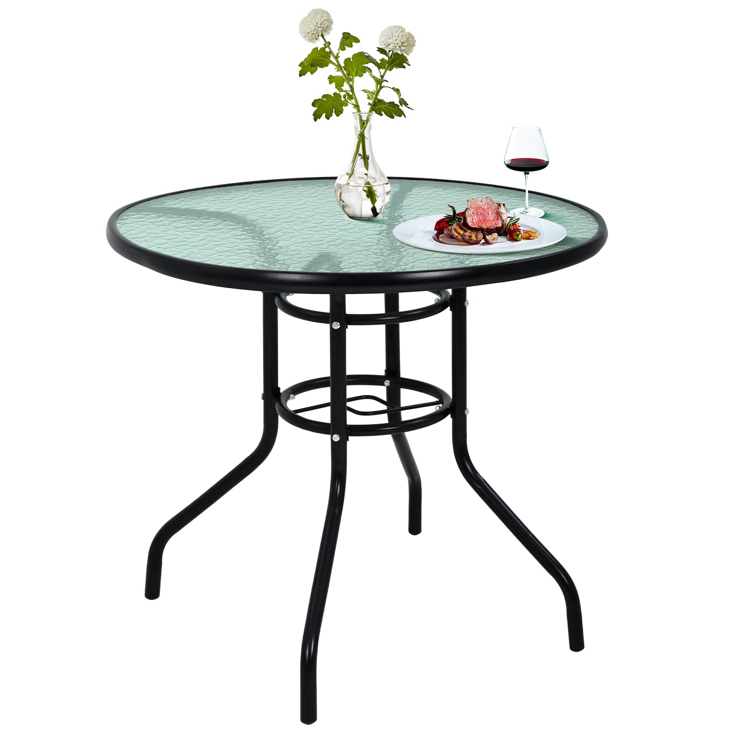 Outdoor Bistro Table with Umbrella Hole - Small Patio Dining Set, All-Weather Tempered Glass Top, Perfect for Balcony, Garden, or Backyard Conversations