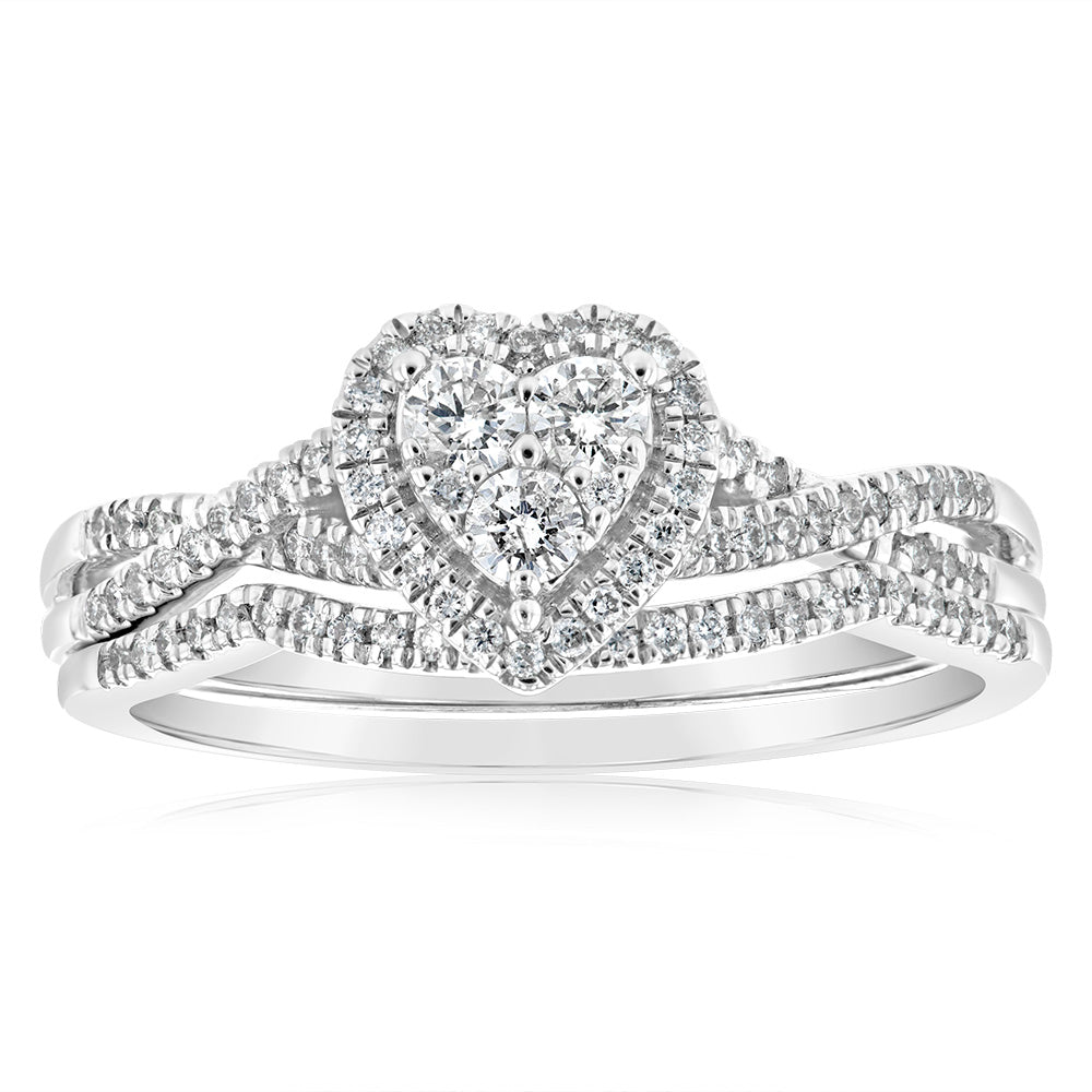 9ct White Gold 1/2 Carat Diamond Heart Shape Bridal Ring Set - Perfect for Engagement, Wedding & Anniversary Gifts