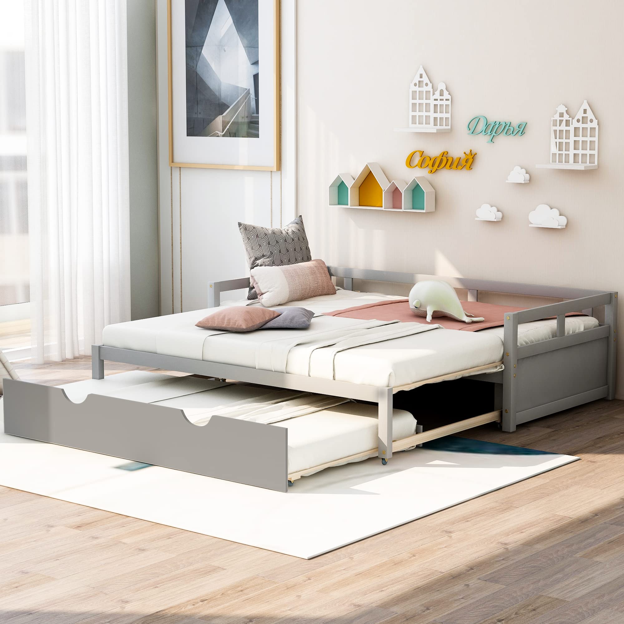Twin to King Daybed with Trundle - Wooden Extendable Sofa Bed for Bedroom & Living Room - Space Saving Gray Daybed (Perfect for Guest Rooms, Small Apartments & Multi-Purpose Spaces)