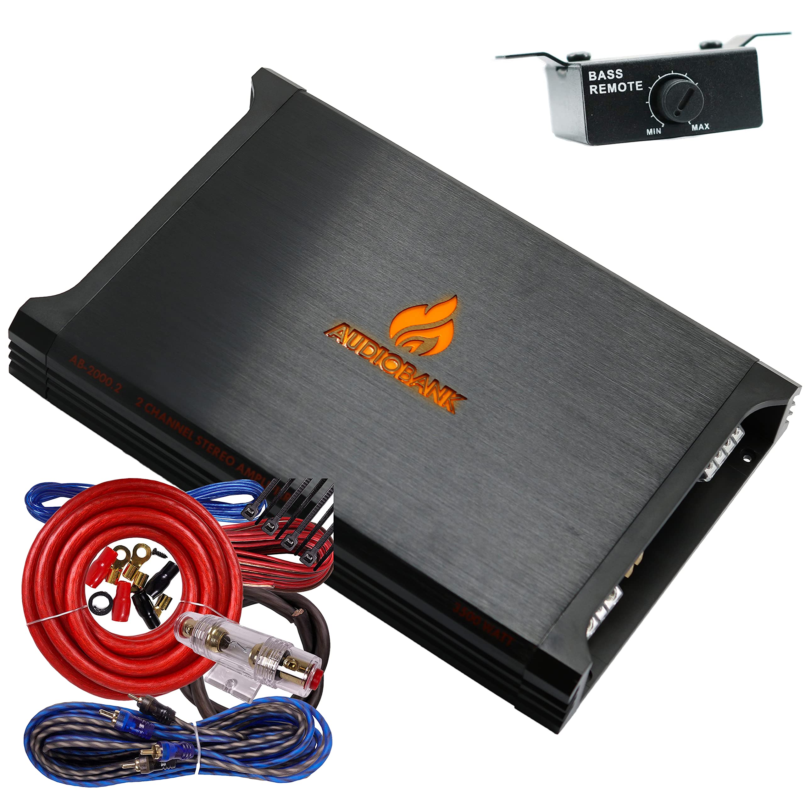Audiobank AB2000.2 3500W 2-Channel Car Amplifier - 2 Ohm Class A/B Stereo Bass Amp with Bass Control, Bridgeable, LED Indicator & 4 Gauge Installation Kit (Red) - Perfect for Car Audio Systems, Bass Boost, and Custom Vehicle Upgrades