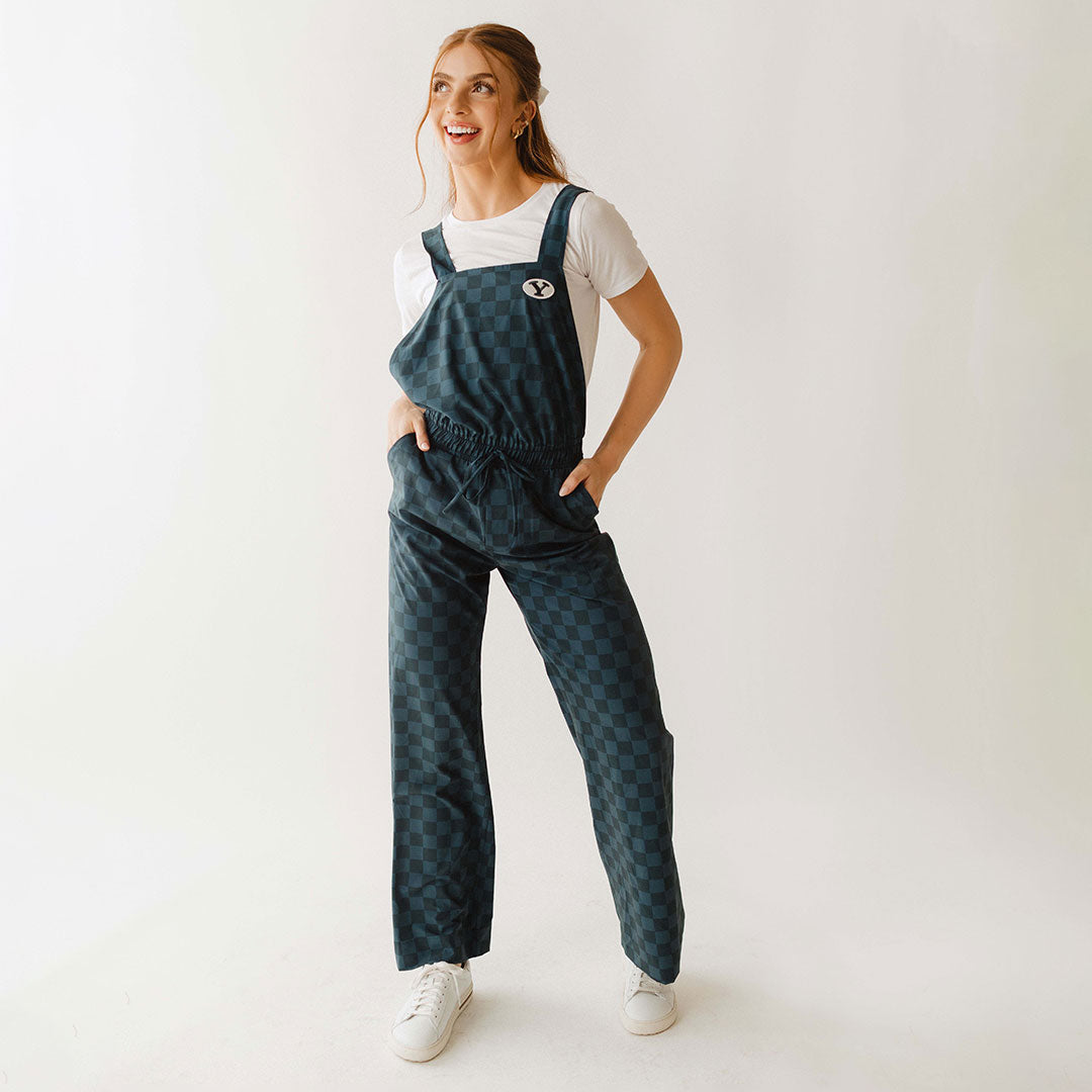 BYU Audrey Trouser Overalls for Women - Stylish Blue Check Denim Jumpsuit, Casual & Comfortable Overalls for Everyday Wear, Work or Outdoor Activities