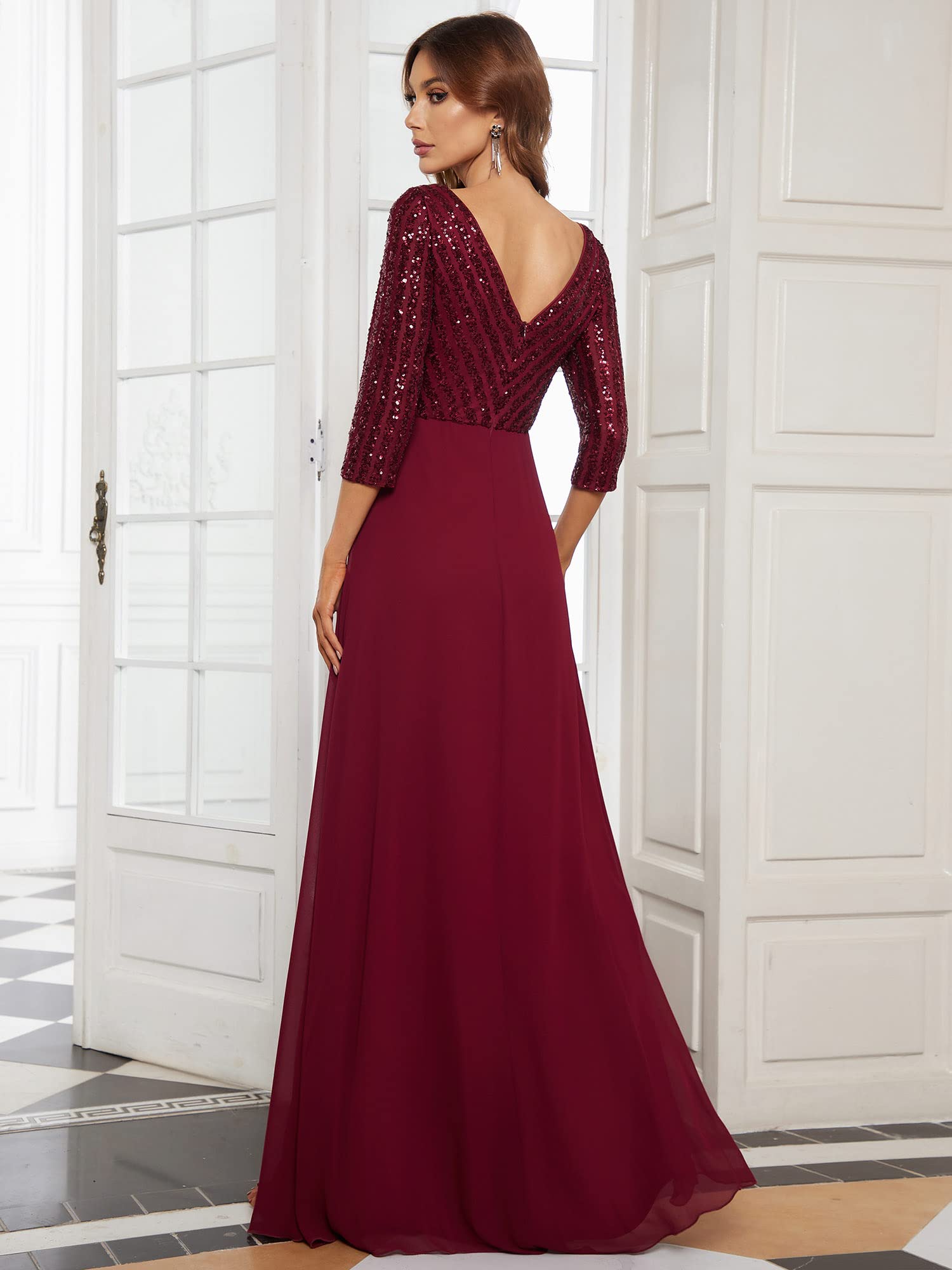 Ever-Pretty Women's Elegant V-Neck Long Sleeve Sequin Maxi Evening Dress - Formal Chiffon Gown for Prom, Wedding & Special Occasions