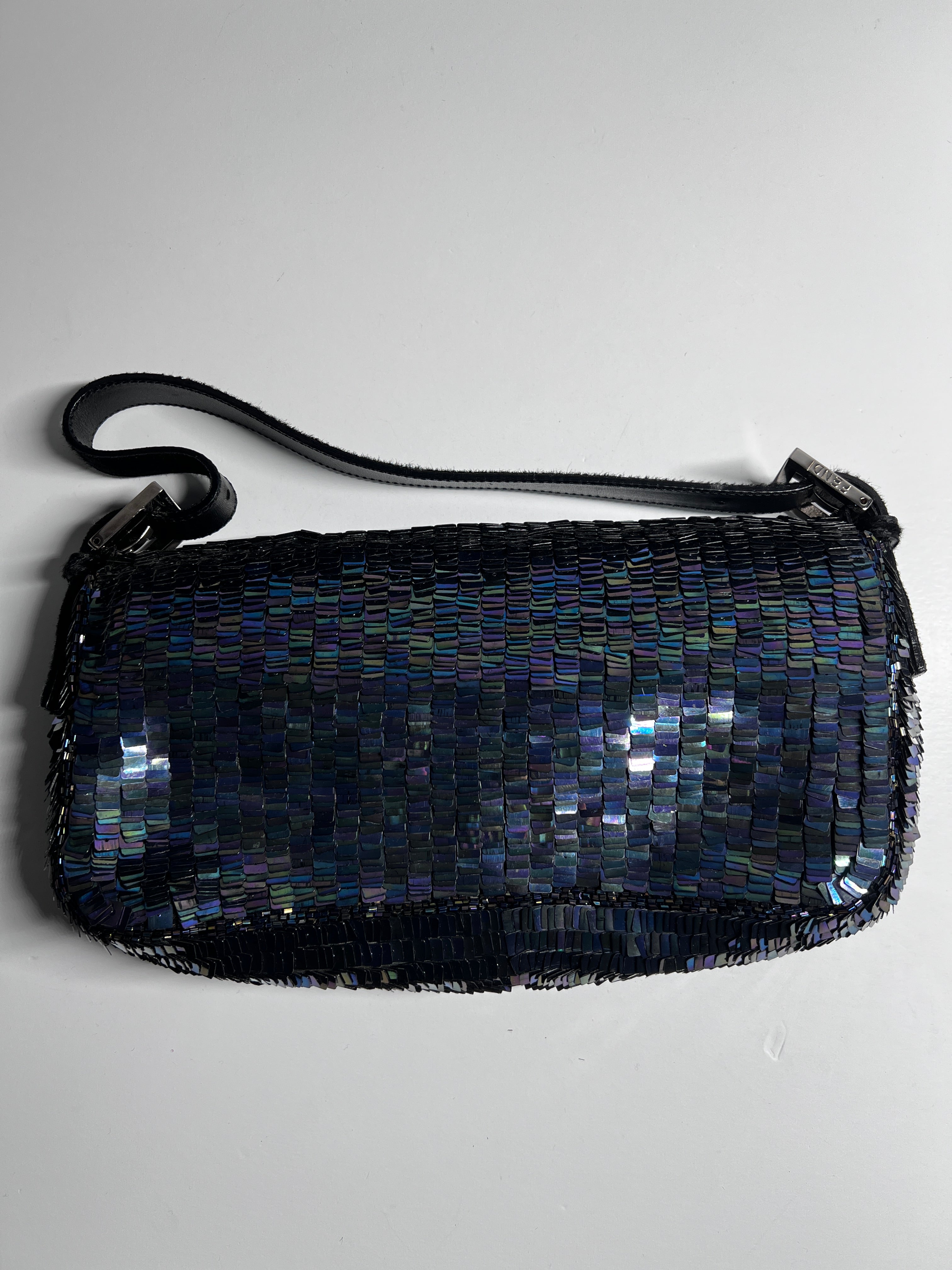Vintage Fendi Black Iridescent Sequin Baguette Bag - Luxury Evening Clutch for Parties, Weddings & Special Occasions