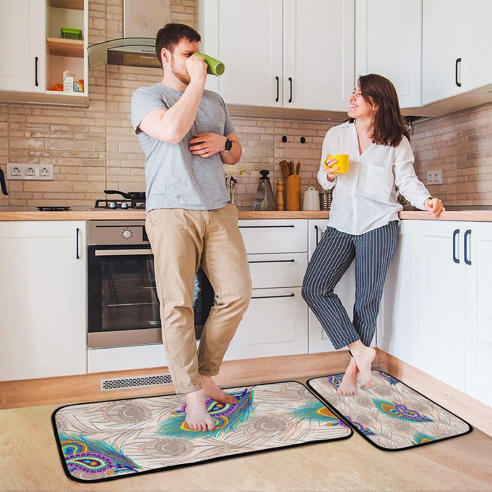 Peacock Feather Pattern Non-Slip Kitchen Rugs Set of 2 - Waterproof Kitchen Runner Mats for Comfortable Standing - Perfect for Home, Office, Laundry Room & Kitchen Decor