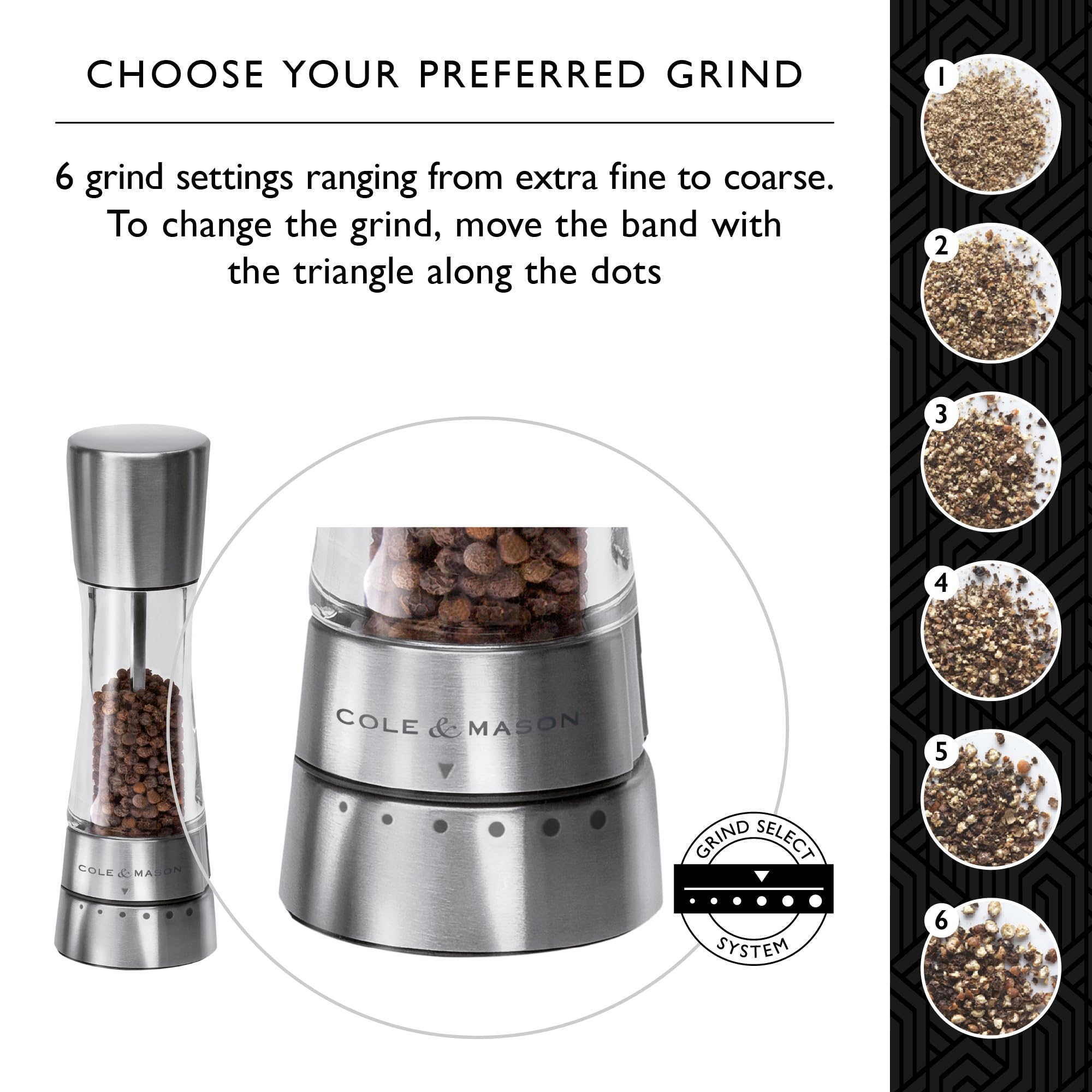 Cole & Mason Derwent Salt and Pepper Grinder Set - Adjustable Coarseness, Premium Stainless Steel & Acrylic Design, 7.5