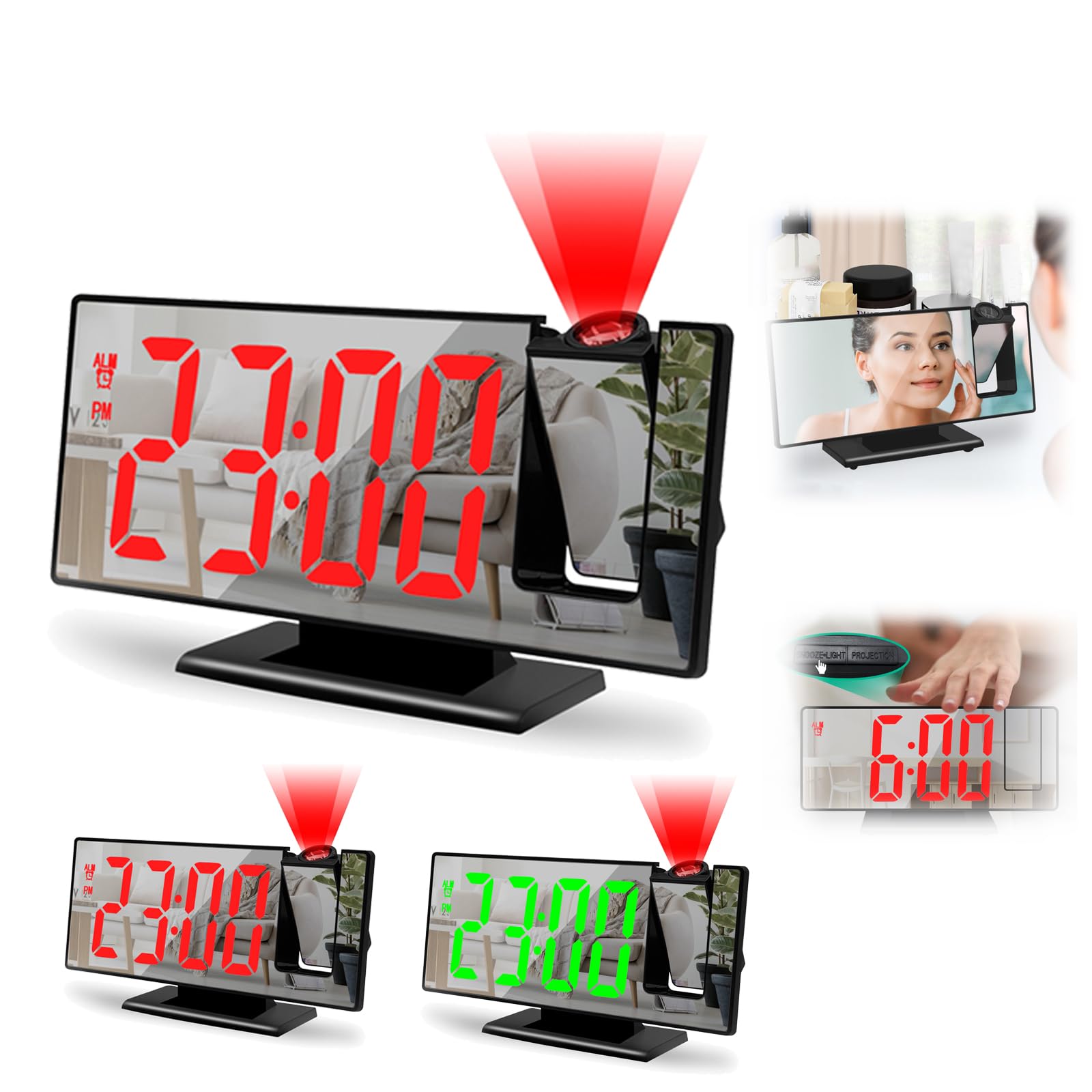 Leutsin Smart Projection Alarm Clock - Large Mirror Screen, Silent Sleep Mode, Digital Nightlight, Multifunctional Desk Clock (Green) | Perfect for Bedroom, Office & Travel Use