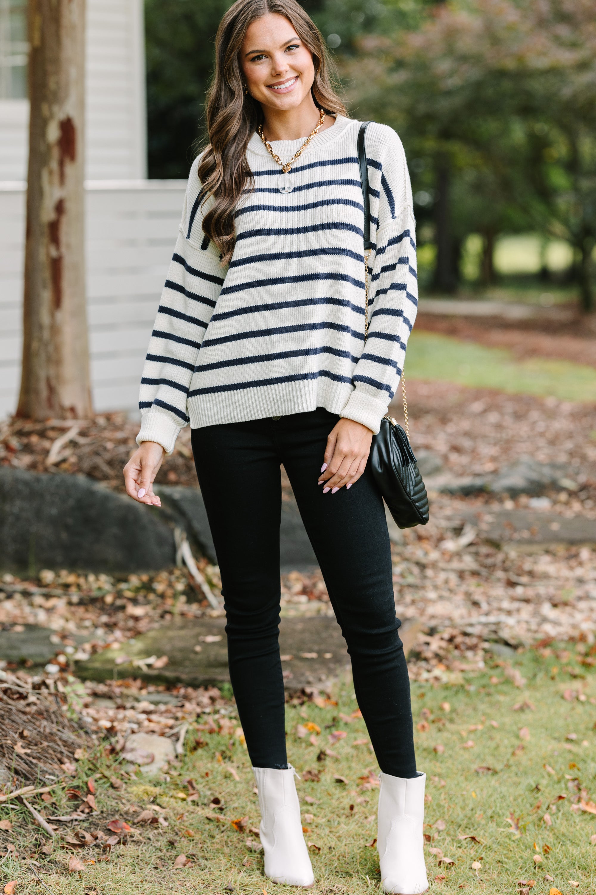 Off White Striped Sweater for Women - Trendy Casual Pullover for Fall & Winter - Perfect for Layering, Streetwear & Everyday Outfits